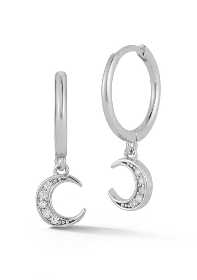 Sterling Silver Cubic Zirconia Moon Charm Huggie Hoop Earrings