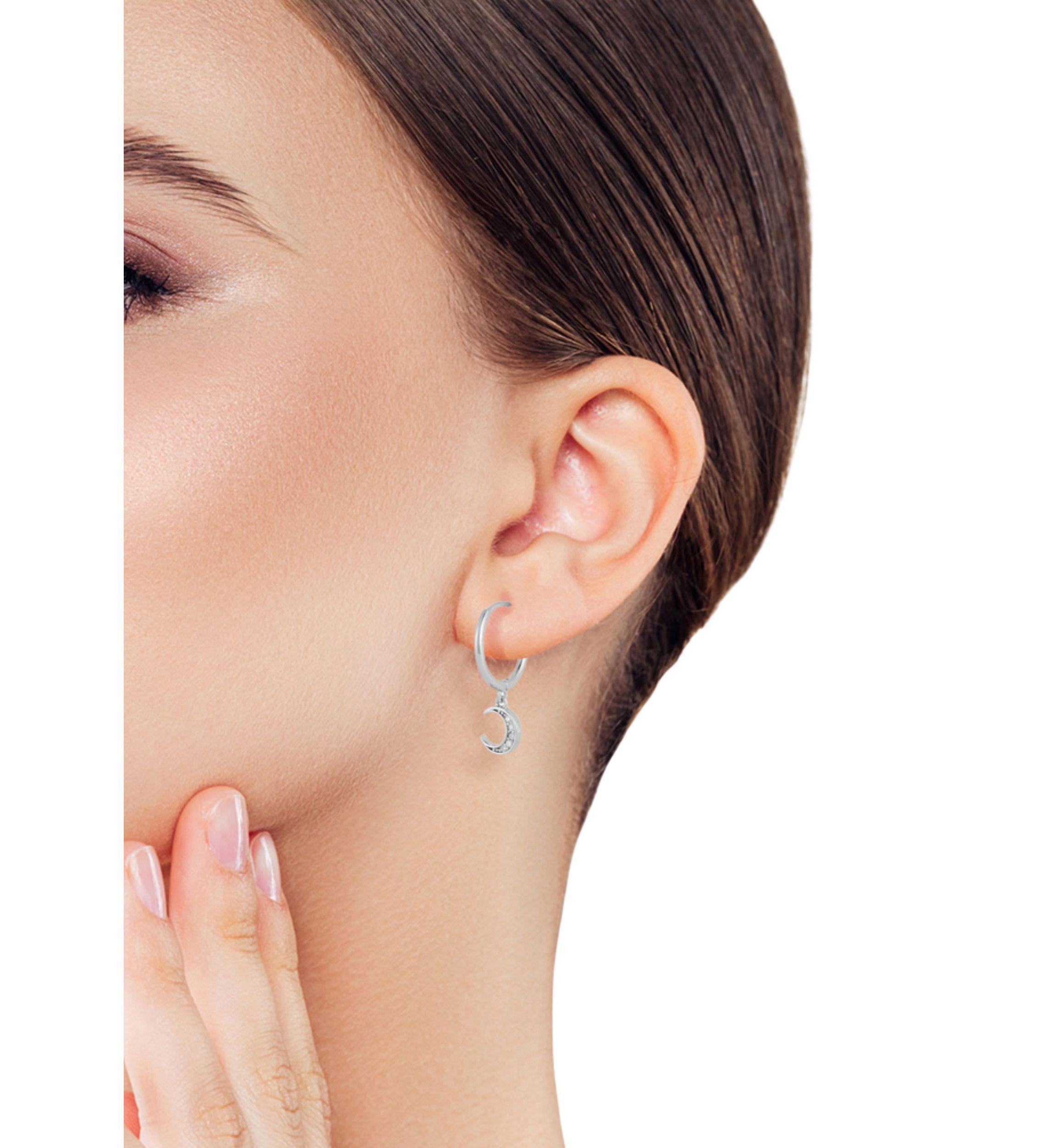 Sterling Silver Cubic Zirconia Moon Charm Huggie Hoop Earrings