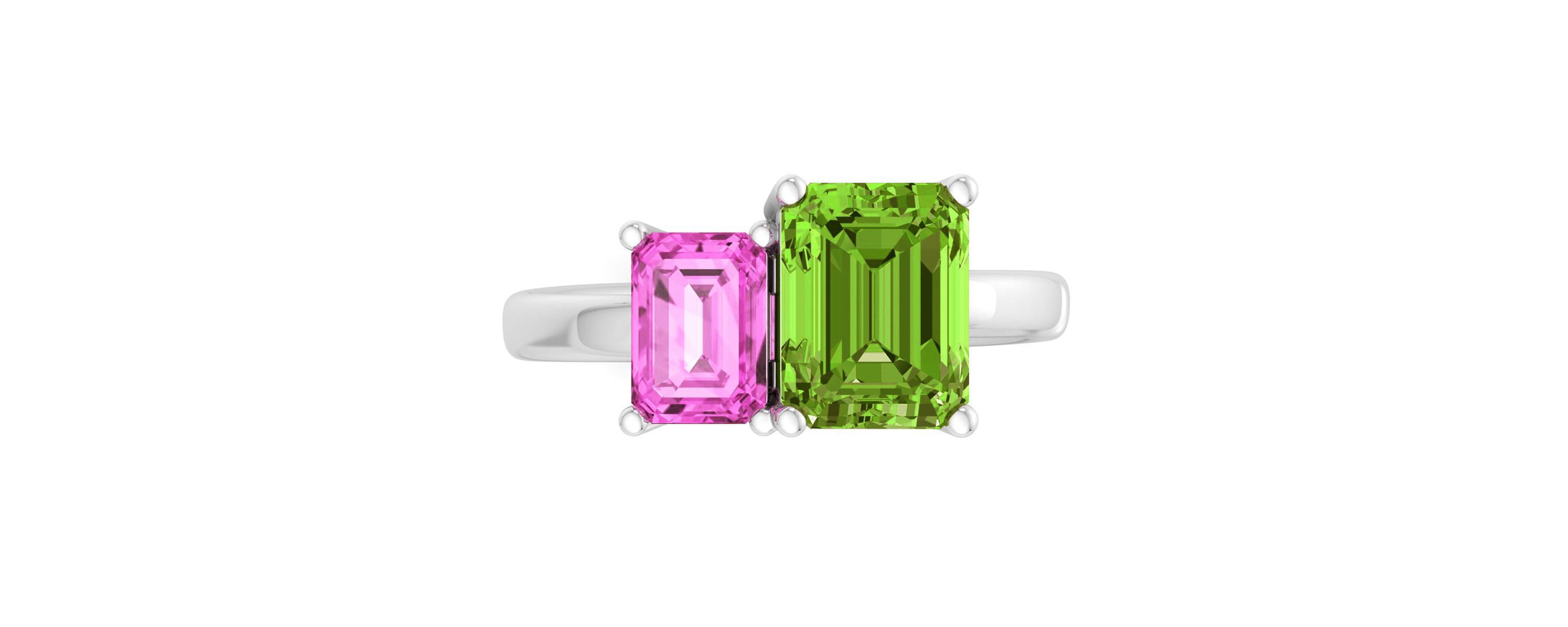 Lab Created Martha Stewart 3 1/4 Carat Pink Sapphire and Peridot Two Stone Ring In Sterling Silver