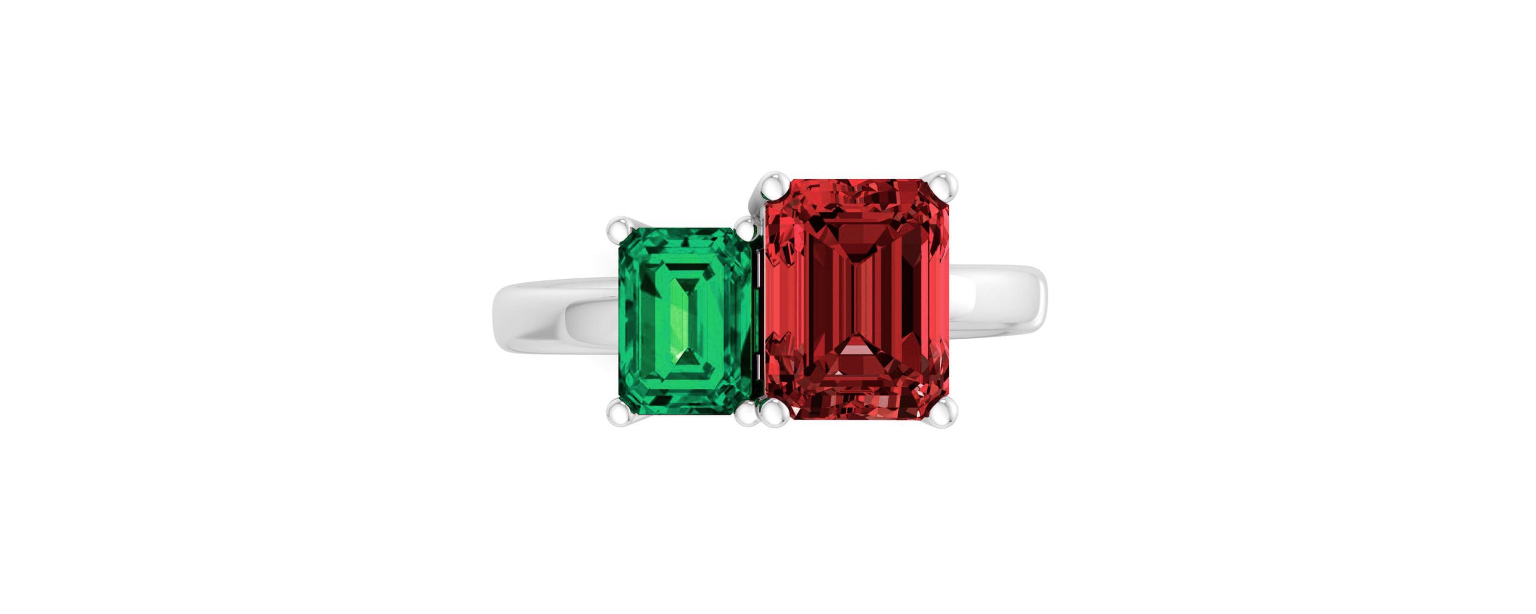 Lab Created Martha Stewart 3 1/4 Carat Emerald and Ruby Two Stone Ring In Sterling Silver