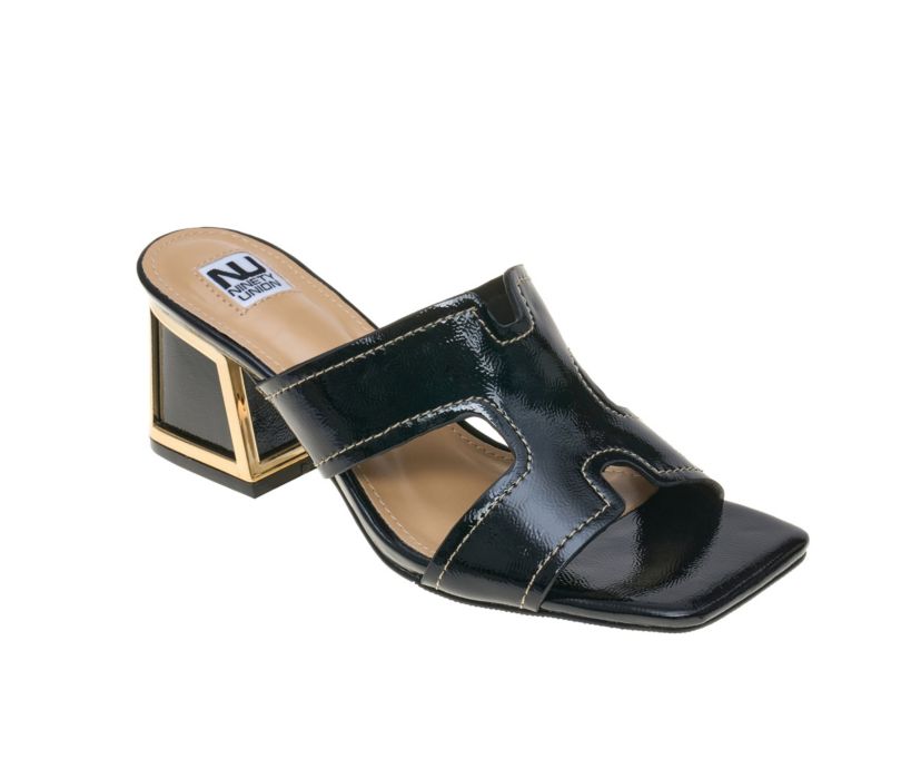 Bright, Open Toe Open Back Mule On A Gold Trimmed Heel