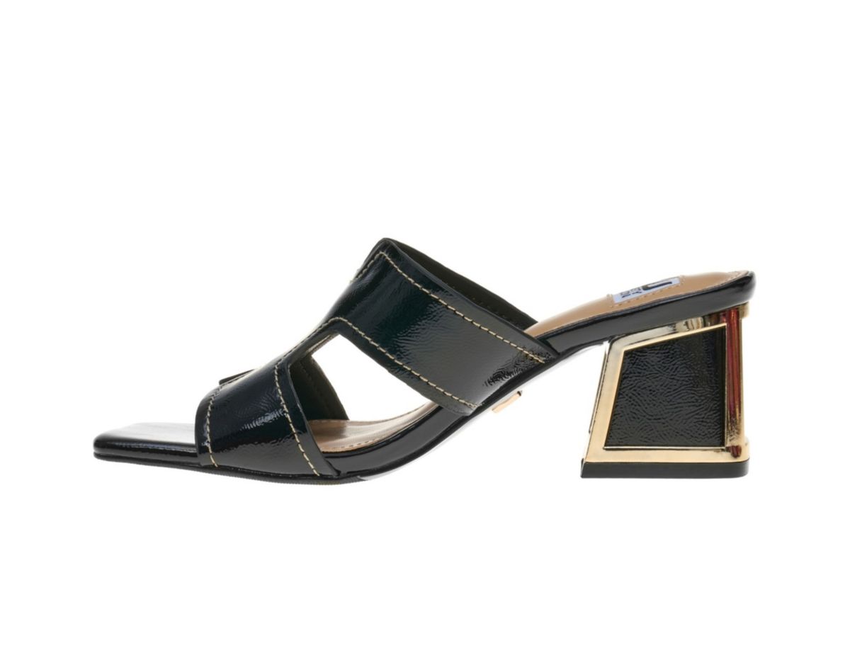 Bright, Open Toe Open Back Mule On A Gold Trimmed Heel