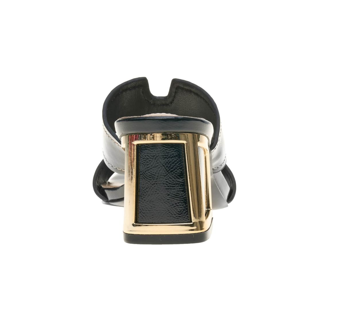 Bright, Open Toe Open Back Mule On A Gold Trimmed Heel