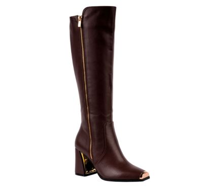 Ninety Union Women's Link Metal Insert Block Heel Tall Boot, Brown, 13M