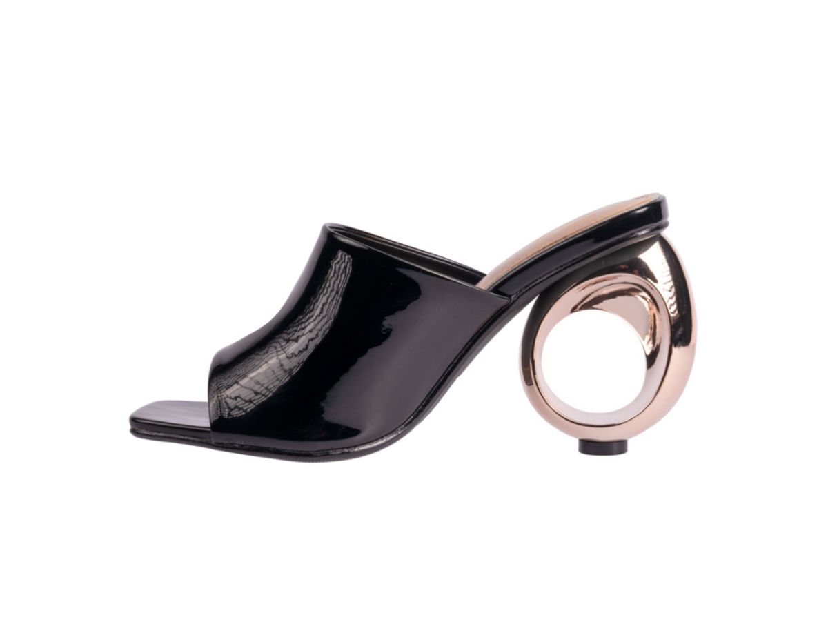 Jloo, Open Toe Slide With A Cool Circular Metallic Round Heel