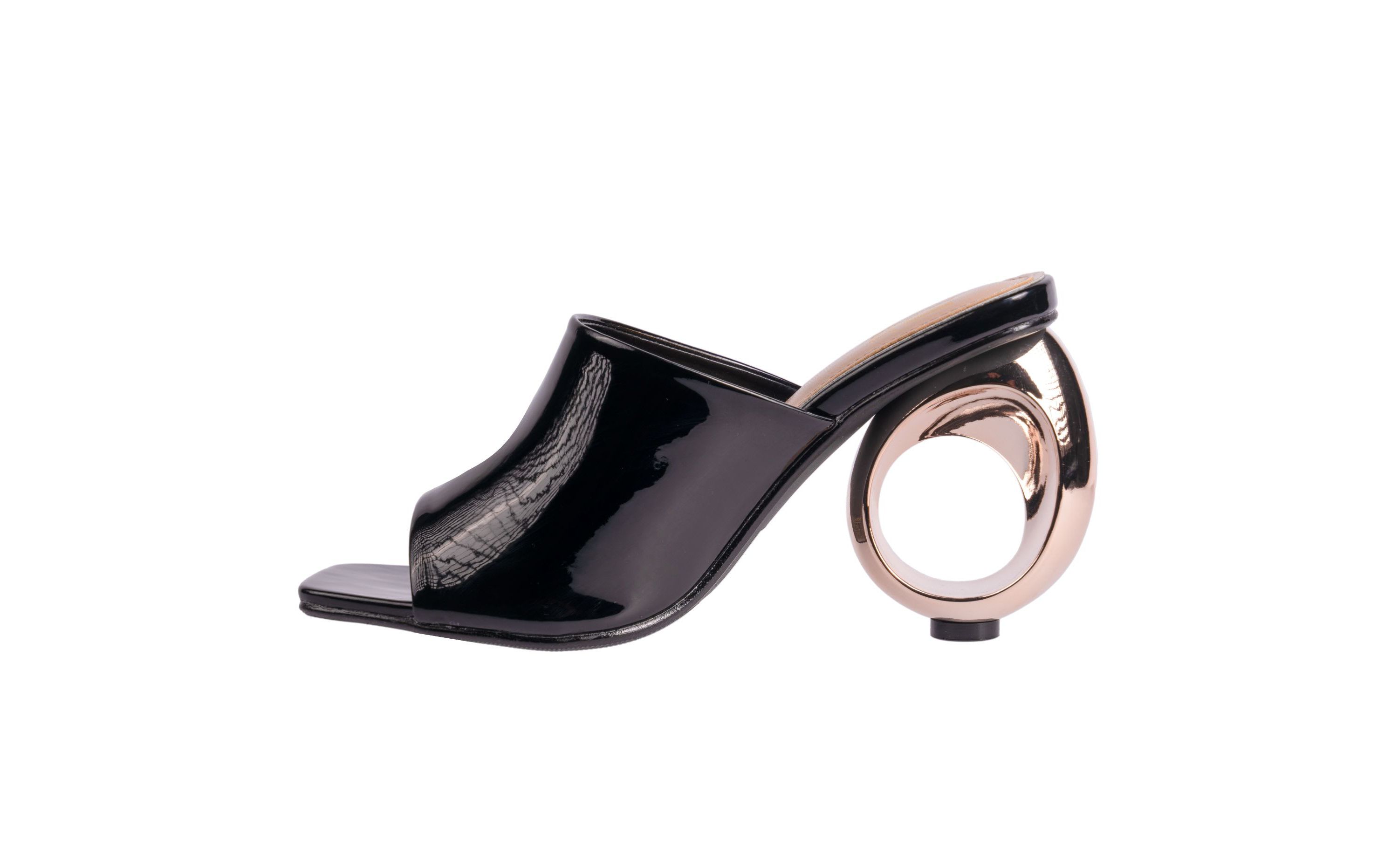 Jloo, Open Toe Slide With A Cool Circular Metallic Round Heel