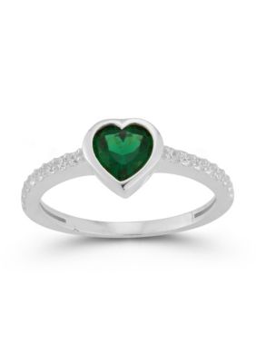 Sphera Milano Sterling Silver Green and White Cubic Zirconia Heart Ring, 8