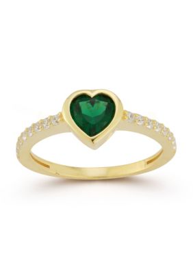 Sphera Milano Sterling Silver Green and White Cubic Zirconia Heart Ring, Gold, 7