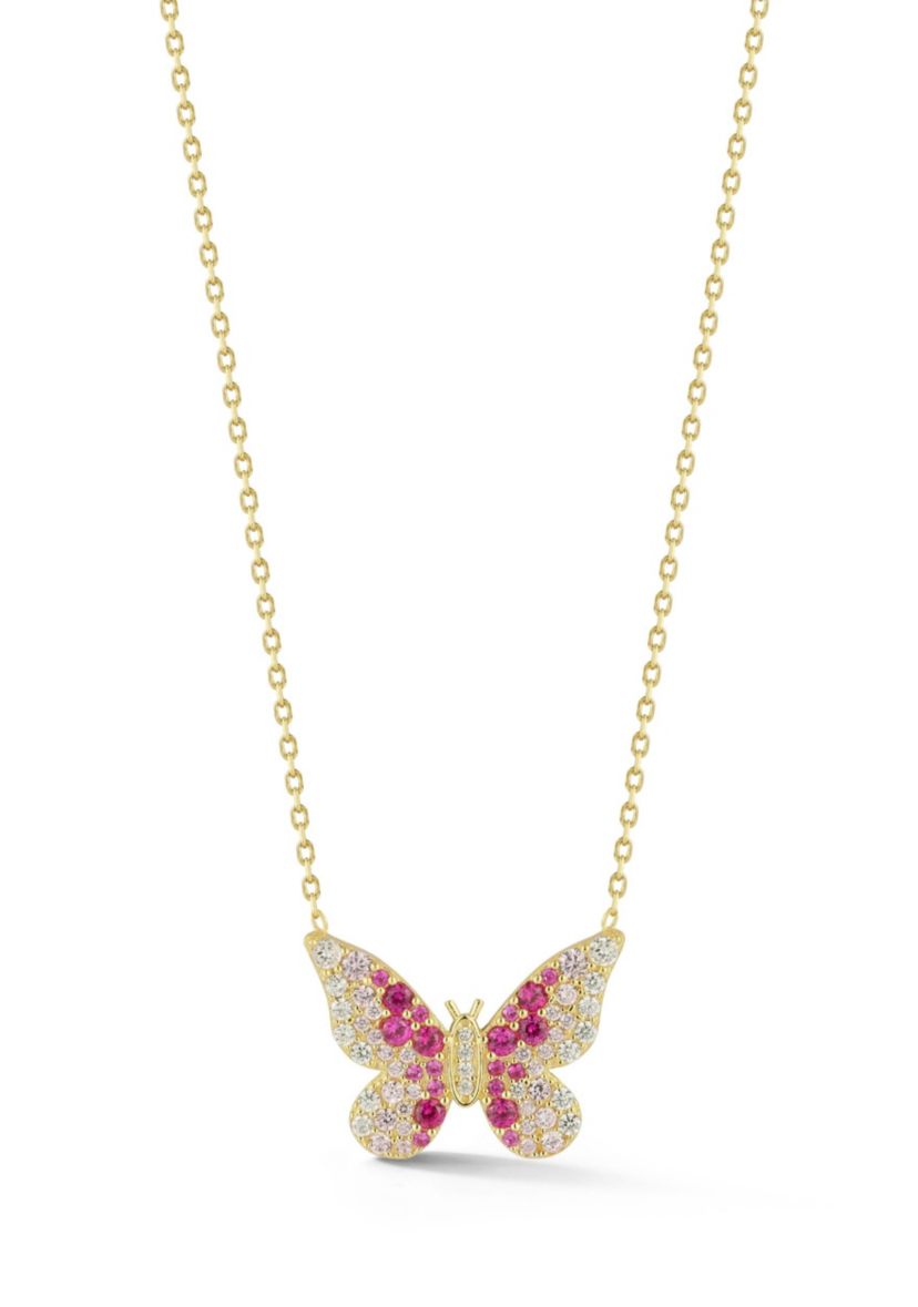 Sterling Silver Ombre Pink Cubic Zirconia Butterfly Pendant Necklace