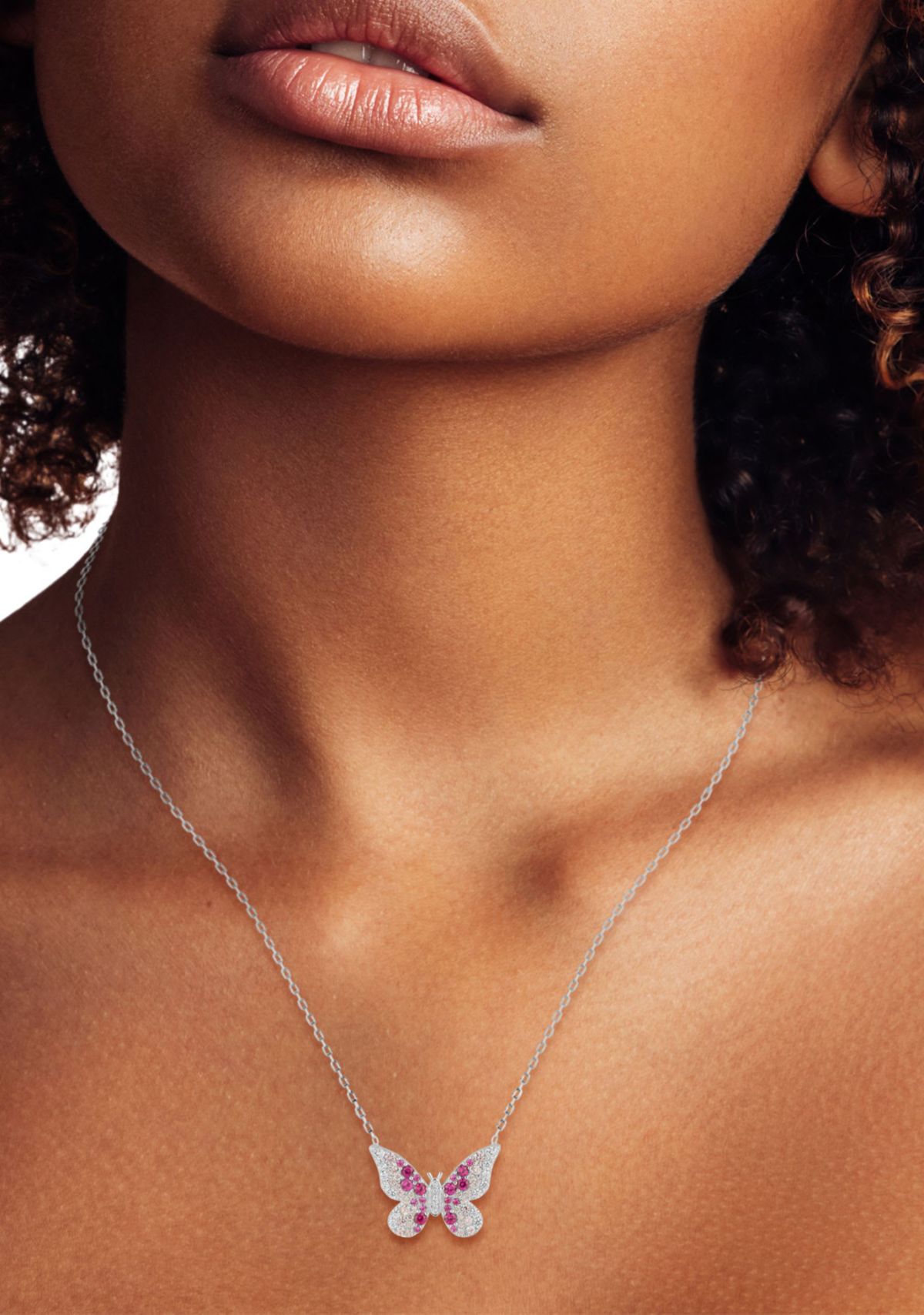 Sterling Silver Ombre Pink Cubic Zirconia Butterfly Pendant Necklace