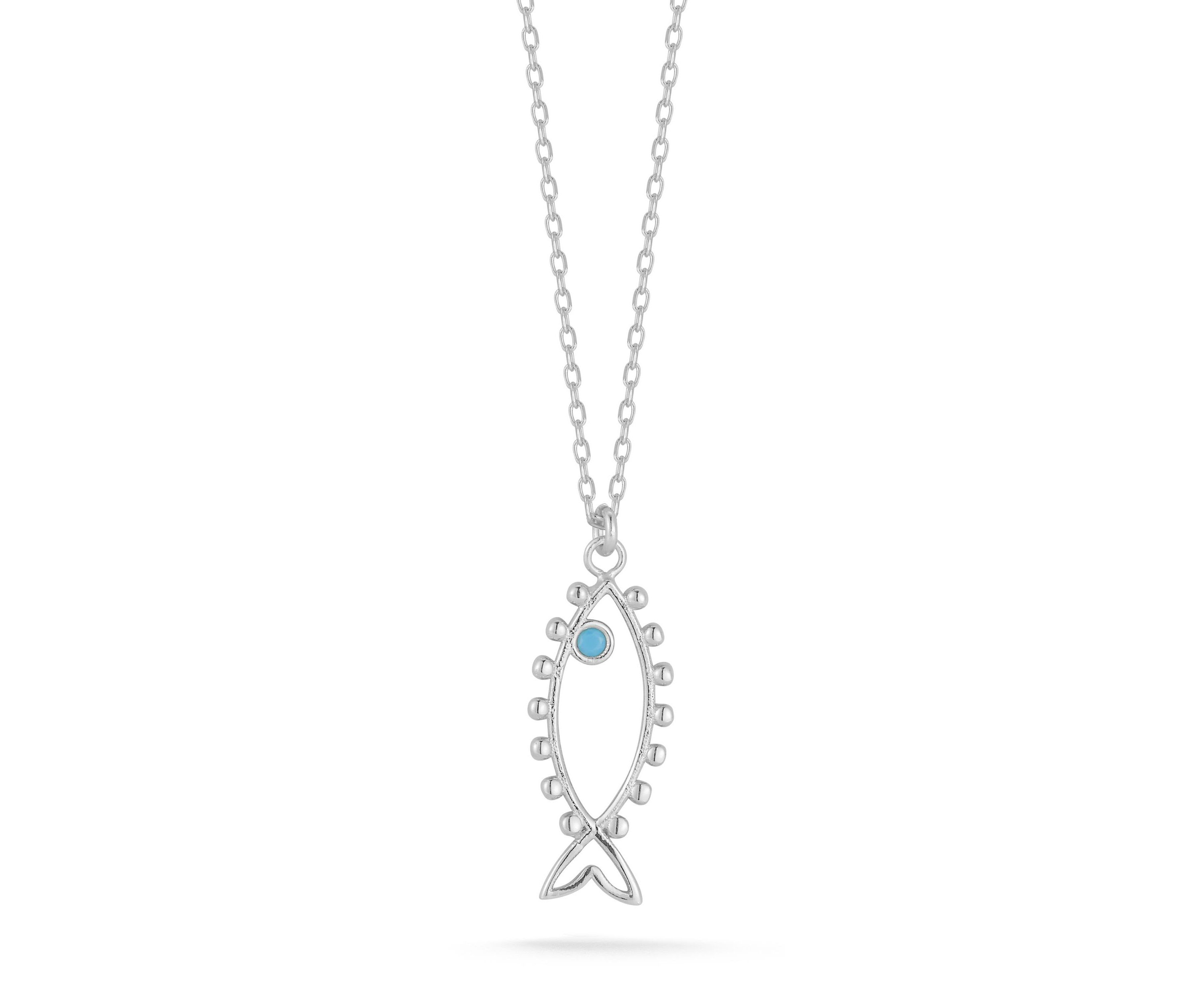 Sterling Silver Synthetic Turquoise Open Fish Pendant Necklace