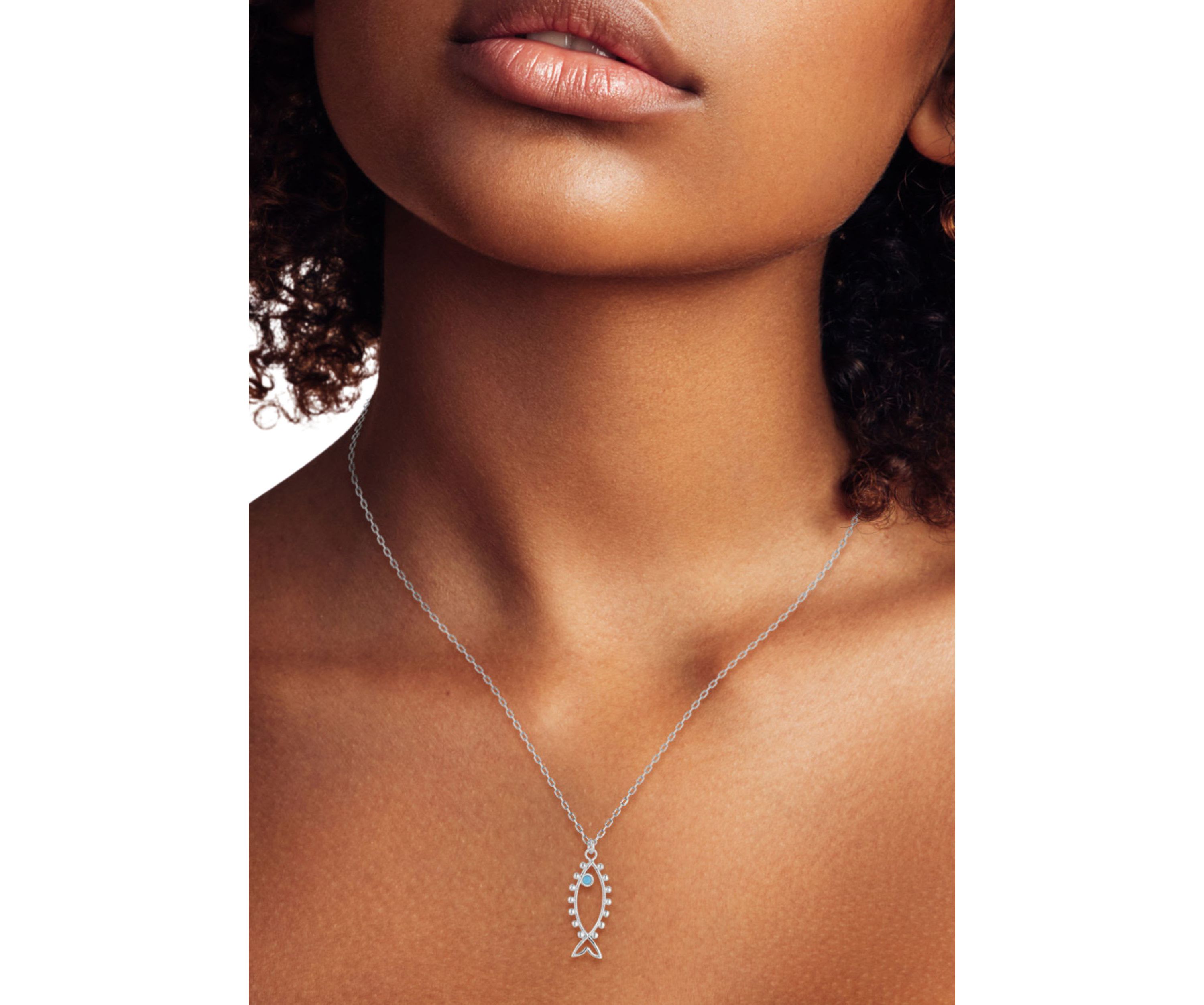 Sterling Silver Synthetic Turquoise Open Fish Pendant Necklace