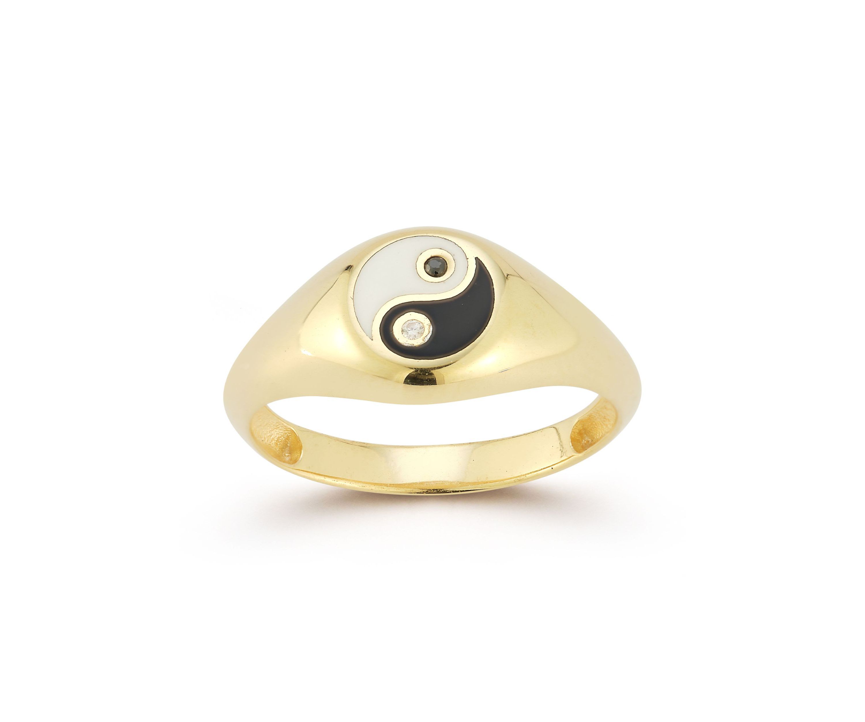 Sterling Silver Cubic Zirconia and Enamel Yin and Yang Signet Ring