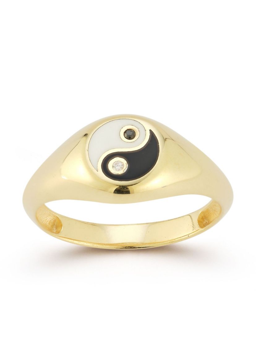 Sterling Silver Cubic Zirconia and Enamel Yin and Yang Signet Ring