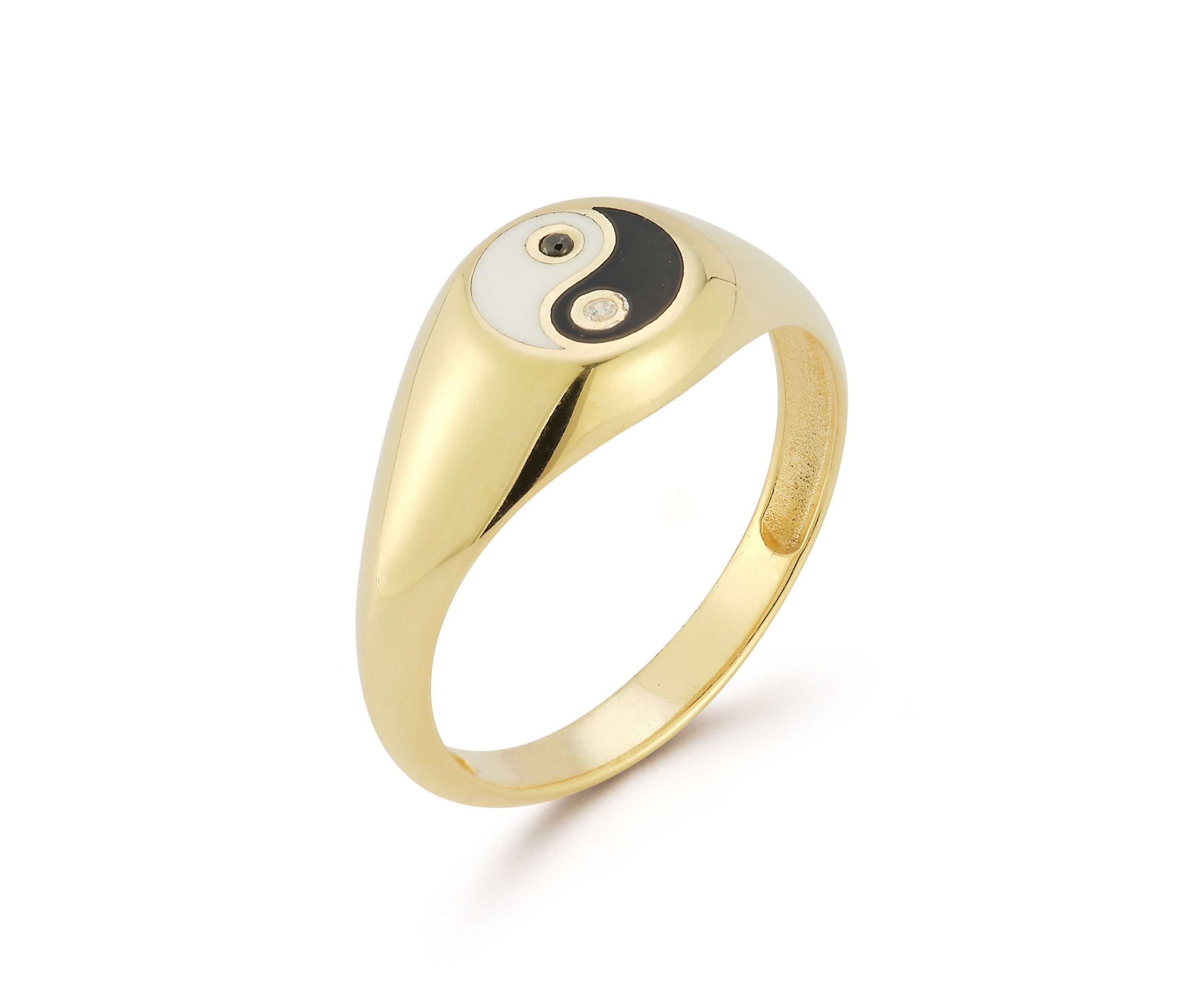 Sterling Silver Cubic Zirconia and Enamel Yin and Yang Signet Ring