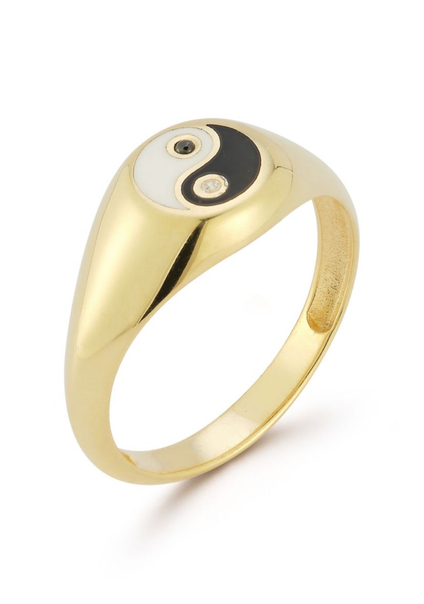 Sterling Silver Cubic Zirconia and Enamel Yin and Yang Signet Ring