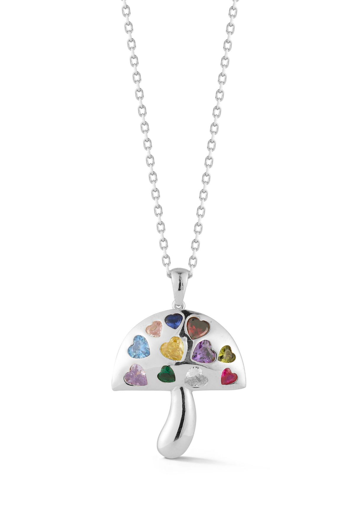 Sterling Silver Multicolor Cubic Zirconia Heart Mushroom Pendant Necklace