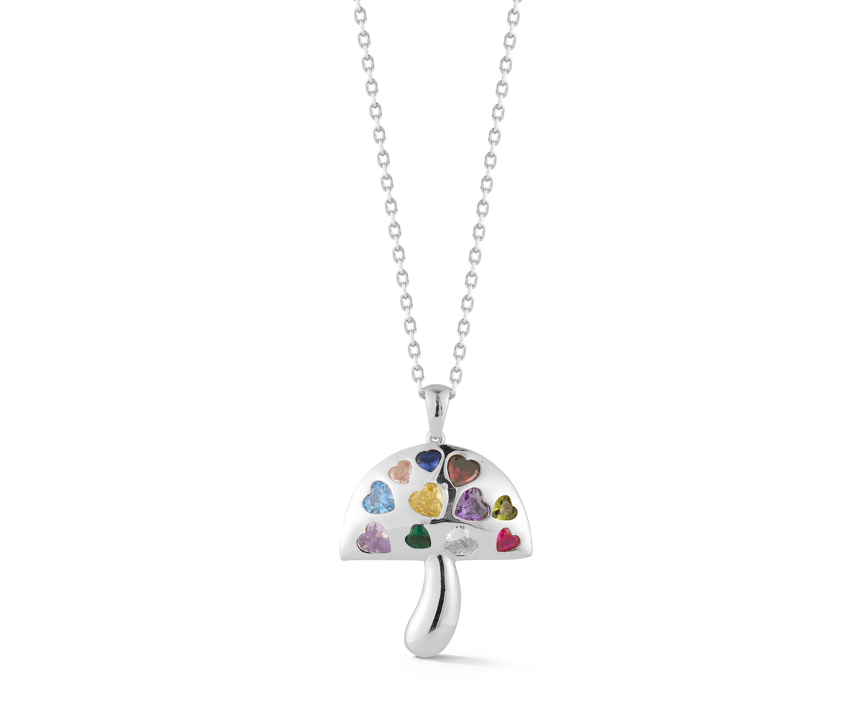 Sterling Silver Multicolor Cubic Zirconia Heart Mushroom Pendant Necklace