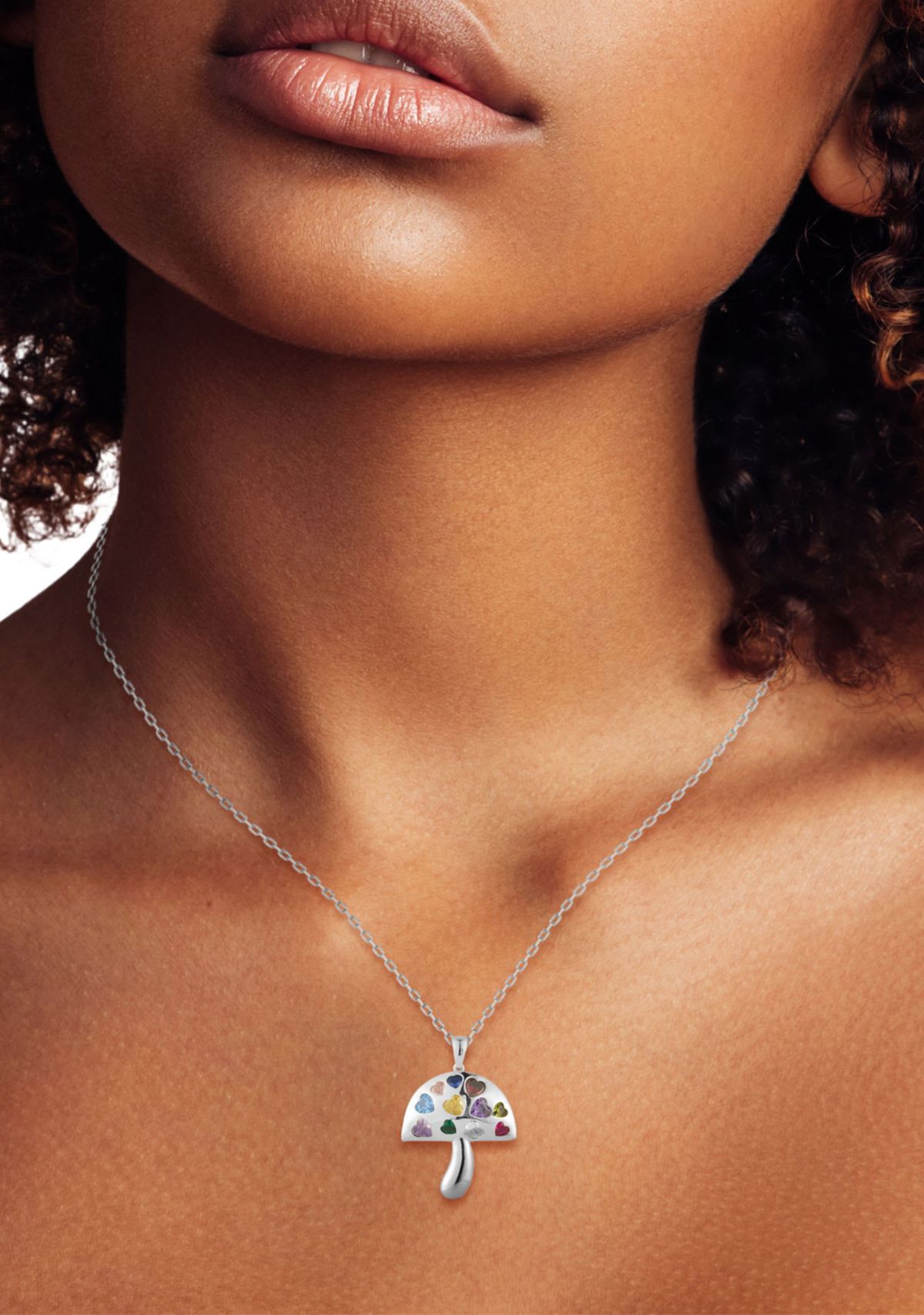 Sterling Silver Multicolor Cubic Zirconia Heart Mushroom Pendant Necklace