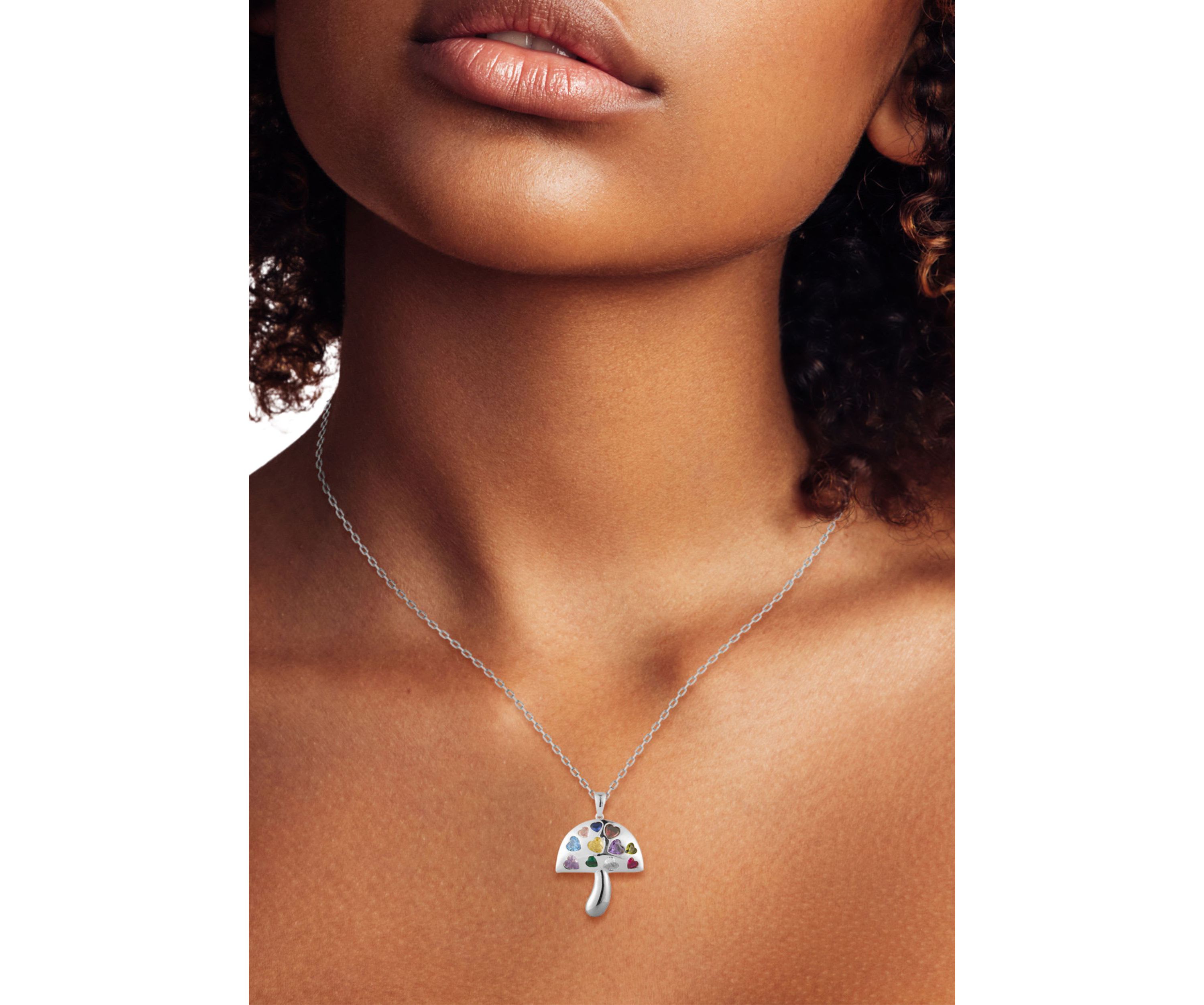 Sterling Silver Multicolor Cubic Zirconia Heart Mushroom Pendant Necklace