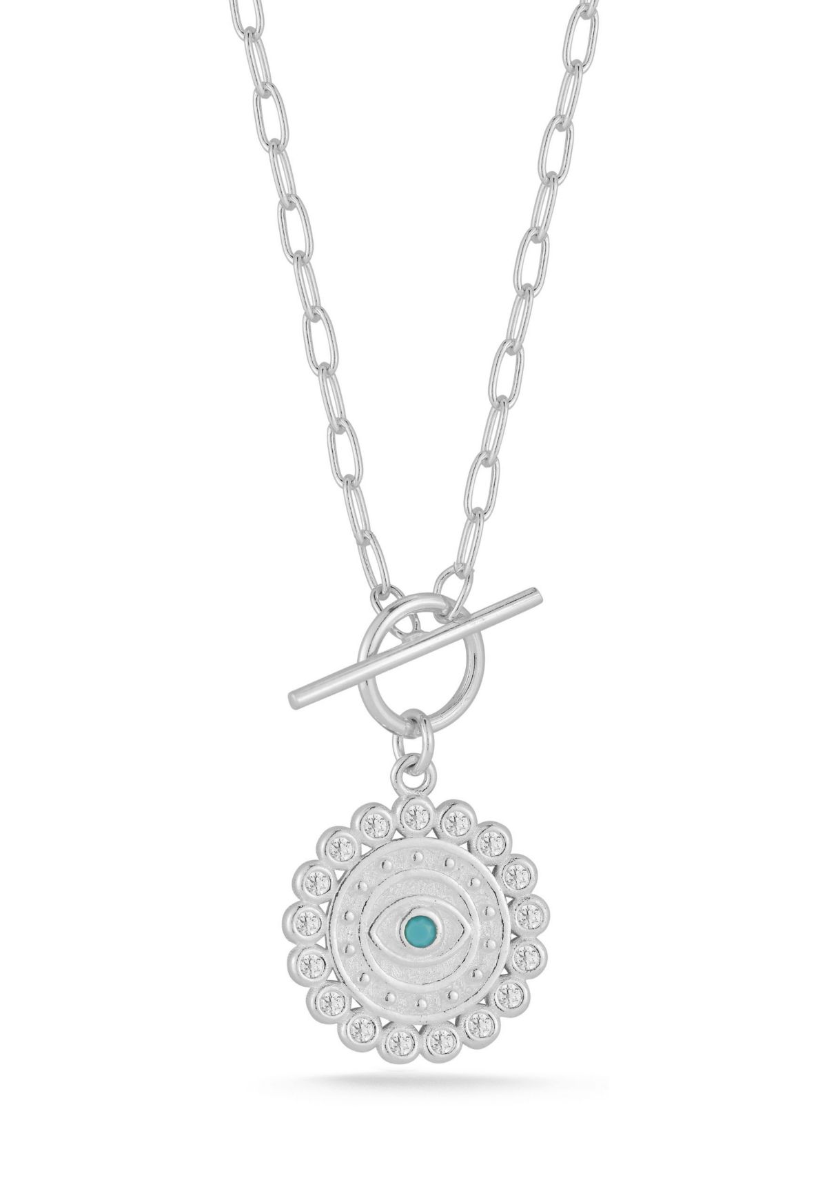 Sterling Silver Cubic Zirconia and Synthetic Turquoise Evil Eye Medallion Toggle Closure Necklace with Paperclip Chain