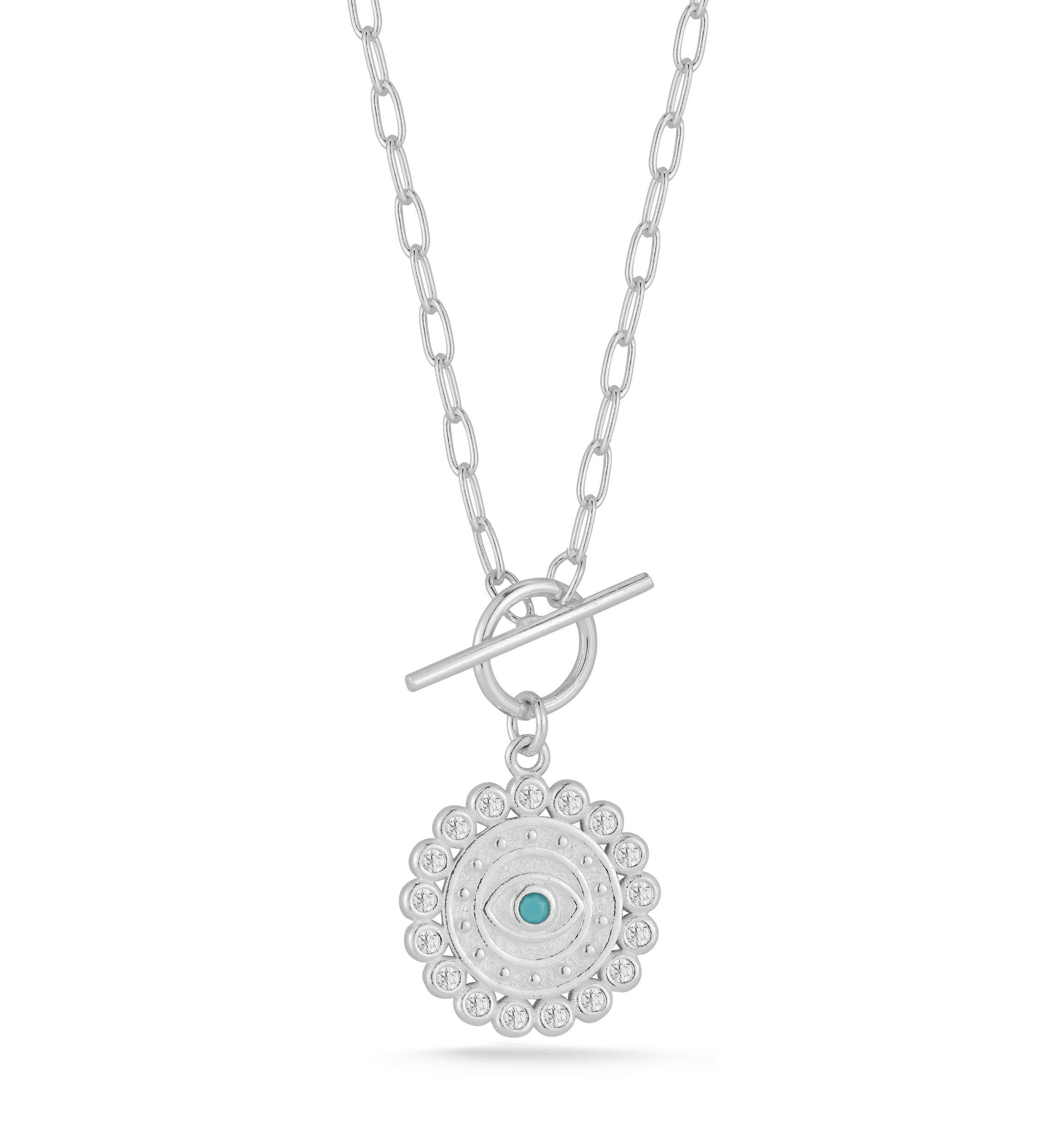 Sterling Silver Cubic Zirconia and Synthetic Turquoise Evil Eye Medallion Toggle Closure Necklace with Paperclip Chain