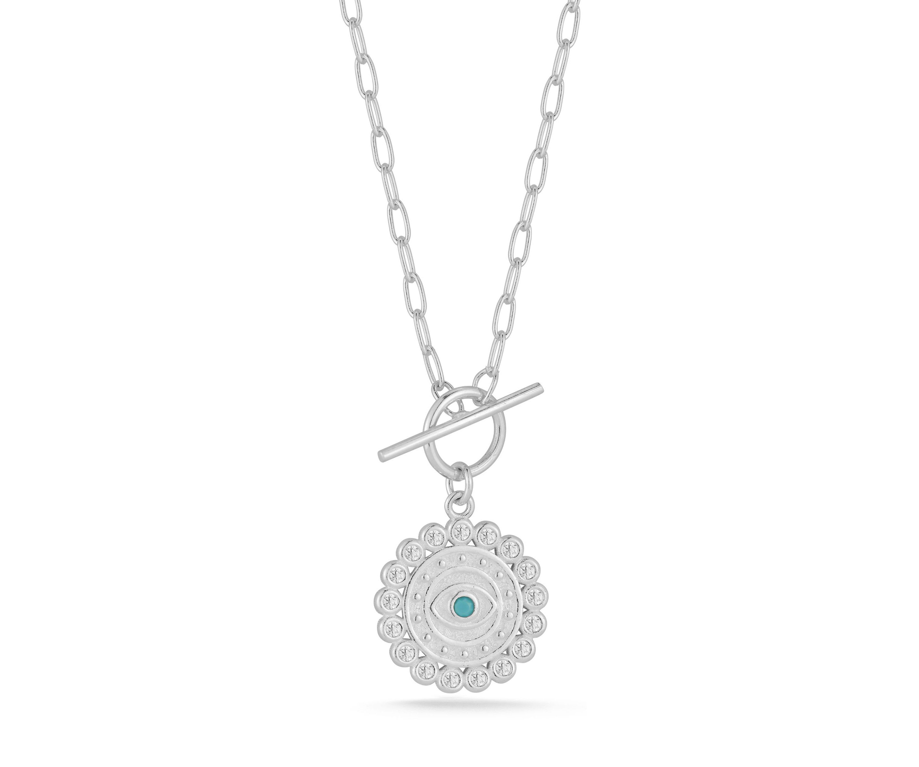 Sterling Silver Cubic Zirconia and Synthetic Turquoise Evil Eye Medallion Toggle Closure Necklace with Paperclip Chain