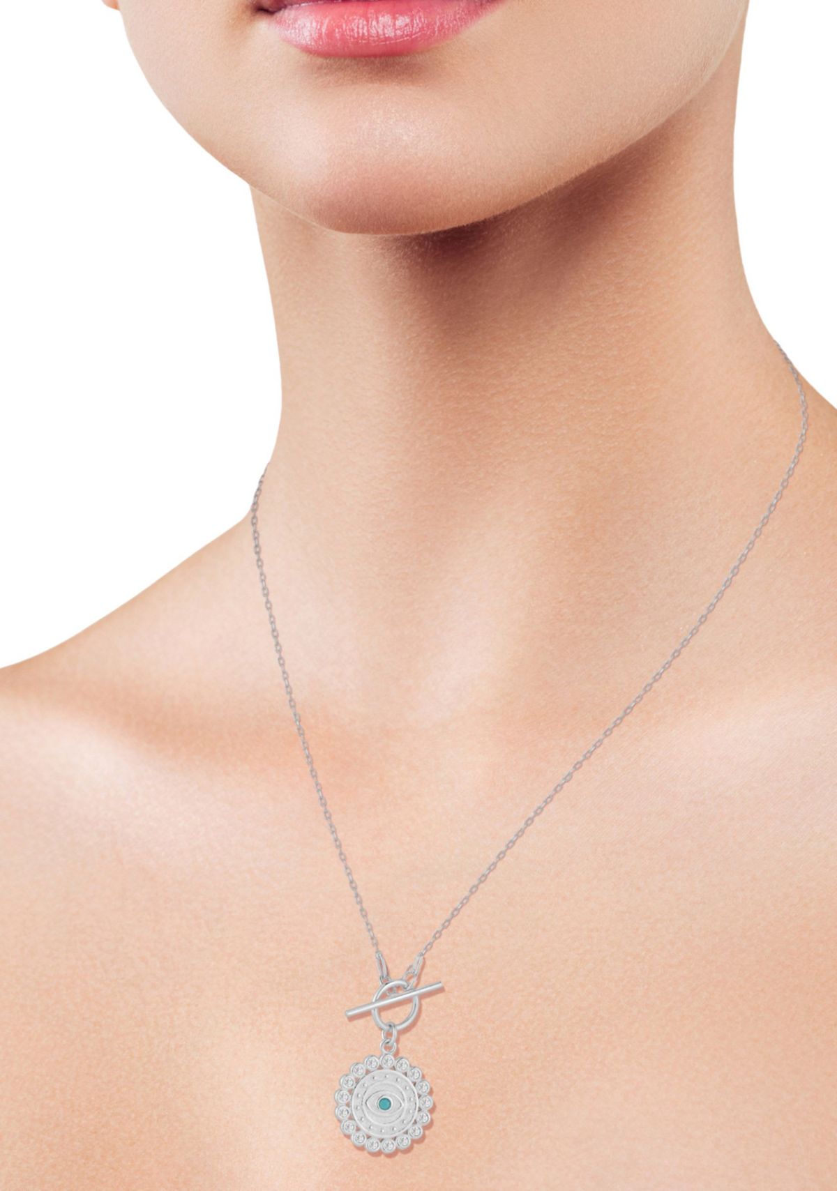 Sterling Silver Cubic Zirconia and Synthetic Turquoise Evil Eye Medallion Toggle Closure Necklace with Paperclip Chain