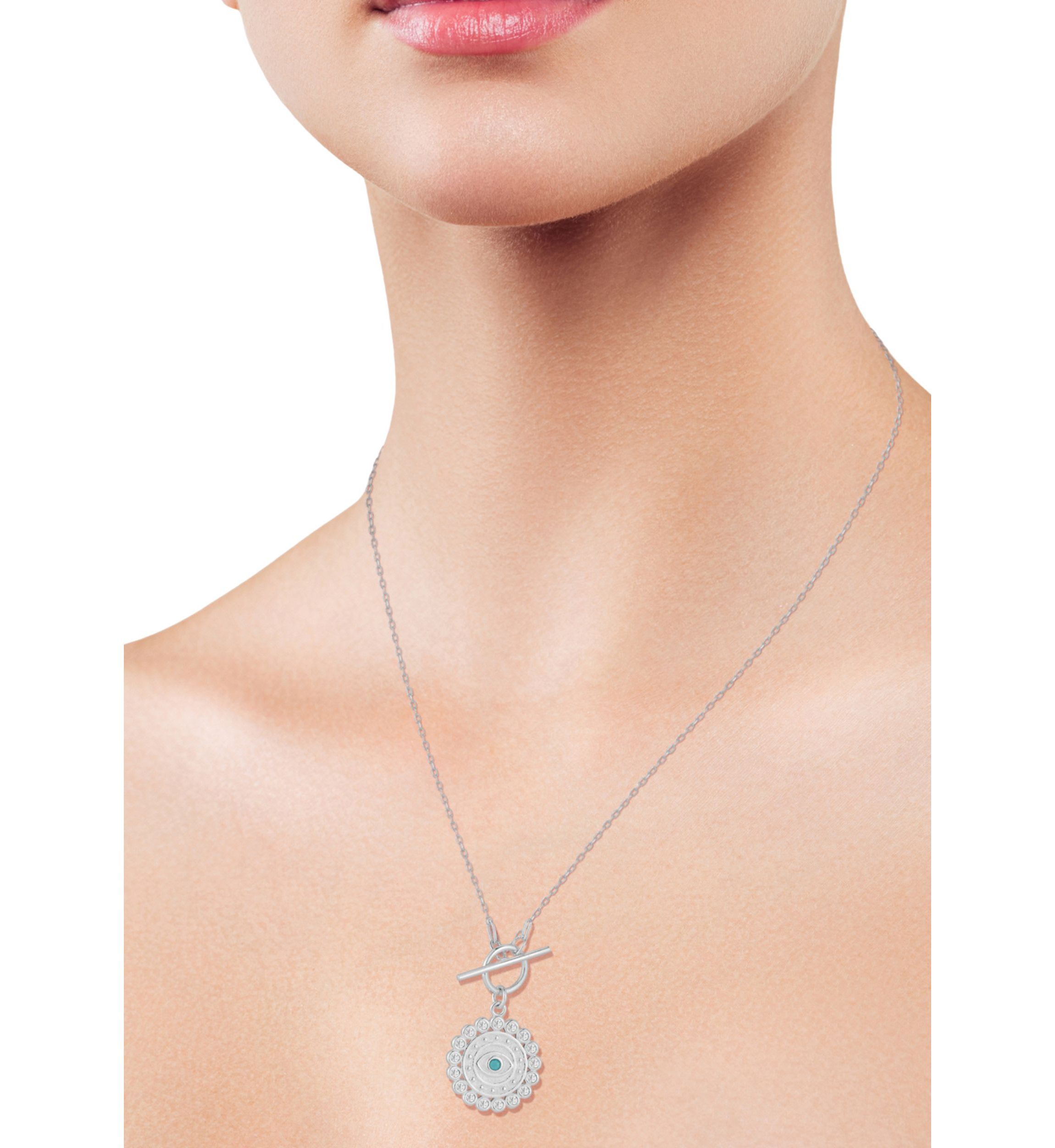 Sterling Silver Cubic Zirconia and Synthetic Turquoise Evil Eye Medallion Toggle Closure Necklace with Paperclip Chain