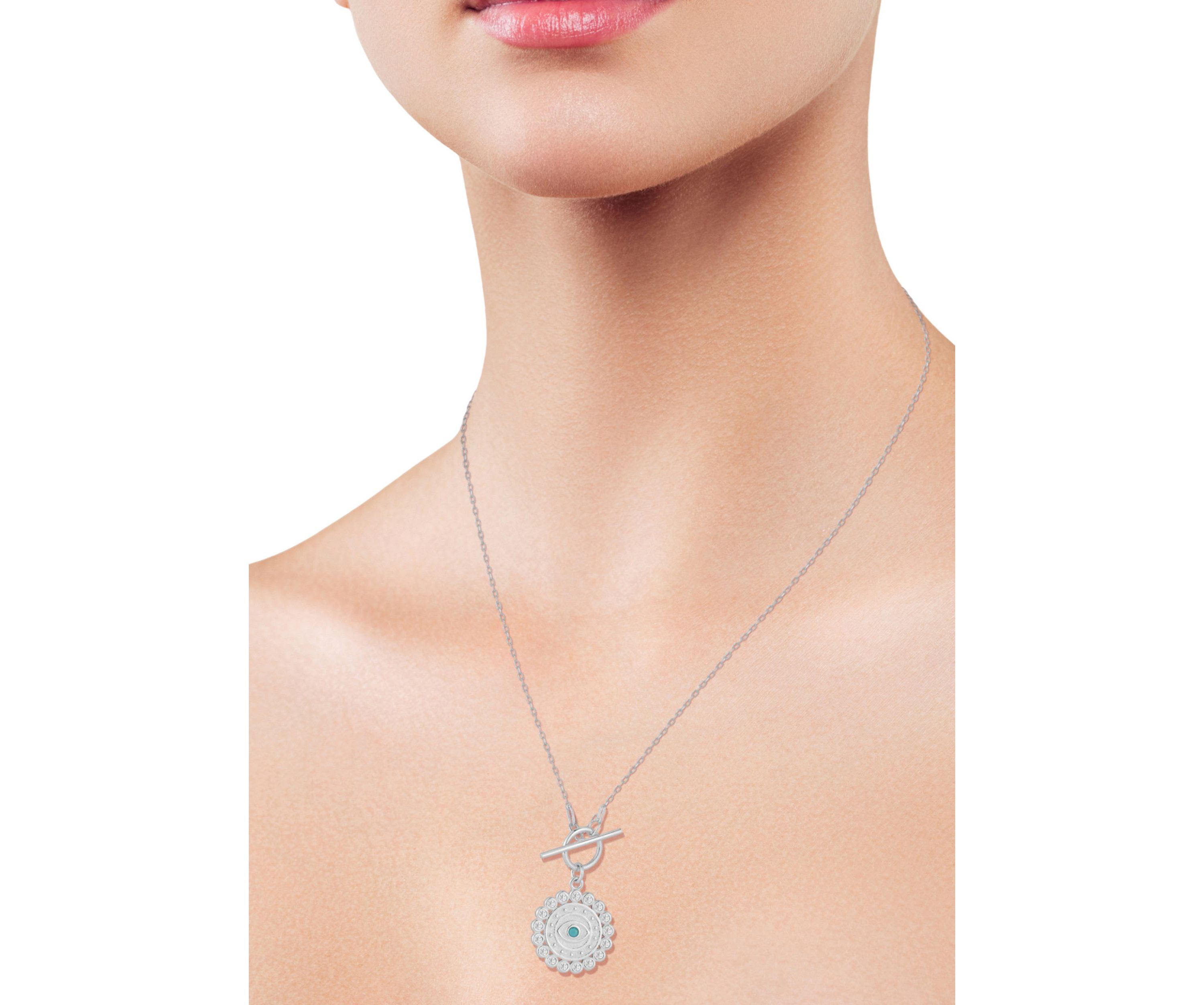 Sterling Silver Cubic Zirconia and Synthetic Turquoise Evil Eye Medallion Toggle Closure Necklace with Paperclip Chain