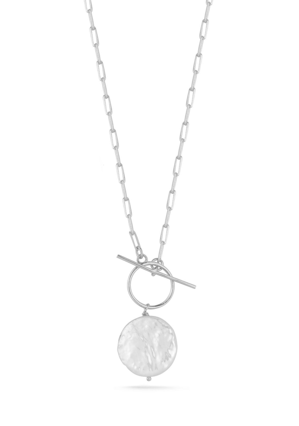 Sterling Silver Pearl Pendant Toggle Closure Necklace with Paperclip Chain