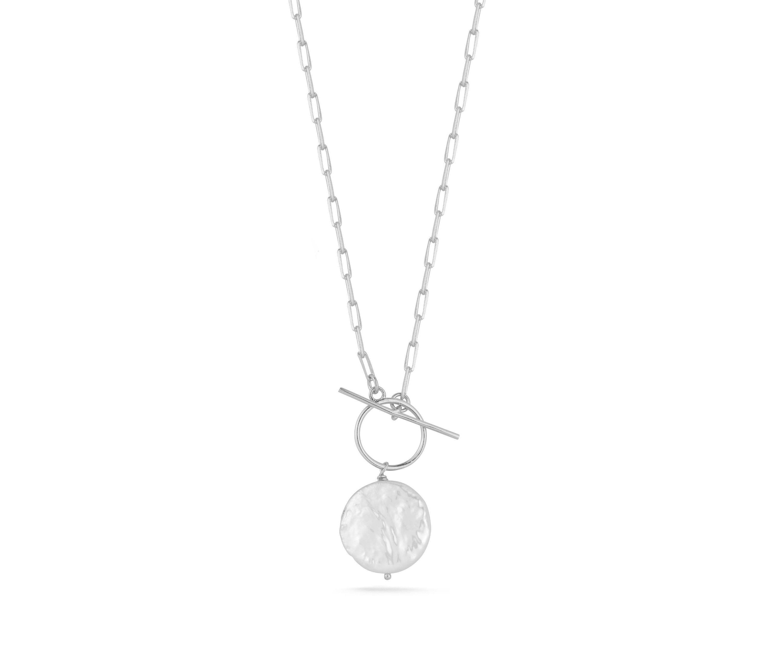 Sterling Silver Pearl Pendant Toggle Closure Necklace with Paperclip Chain
