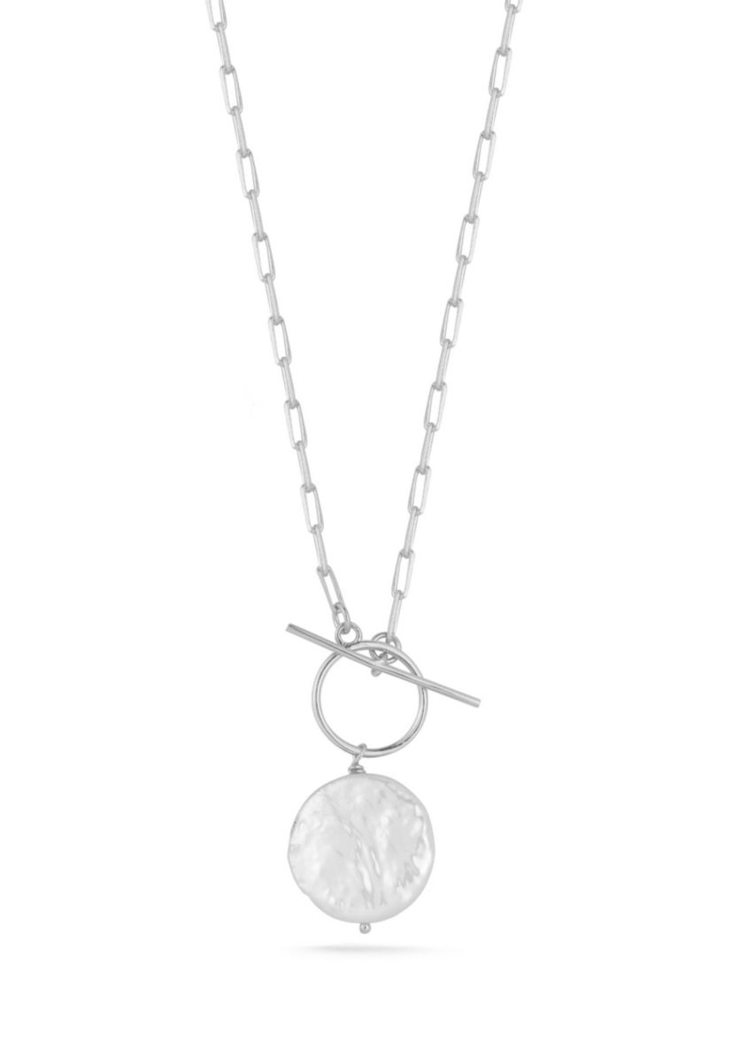Sterling Silver Pearl Pendant Toggle Closure Necklace with Paperclip Chain