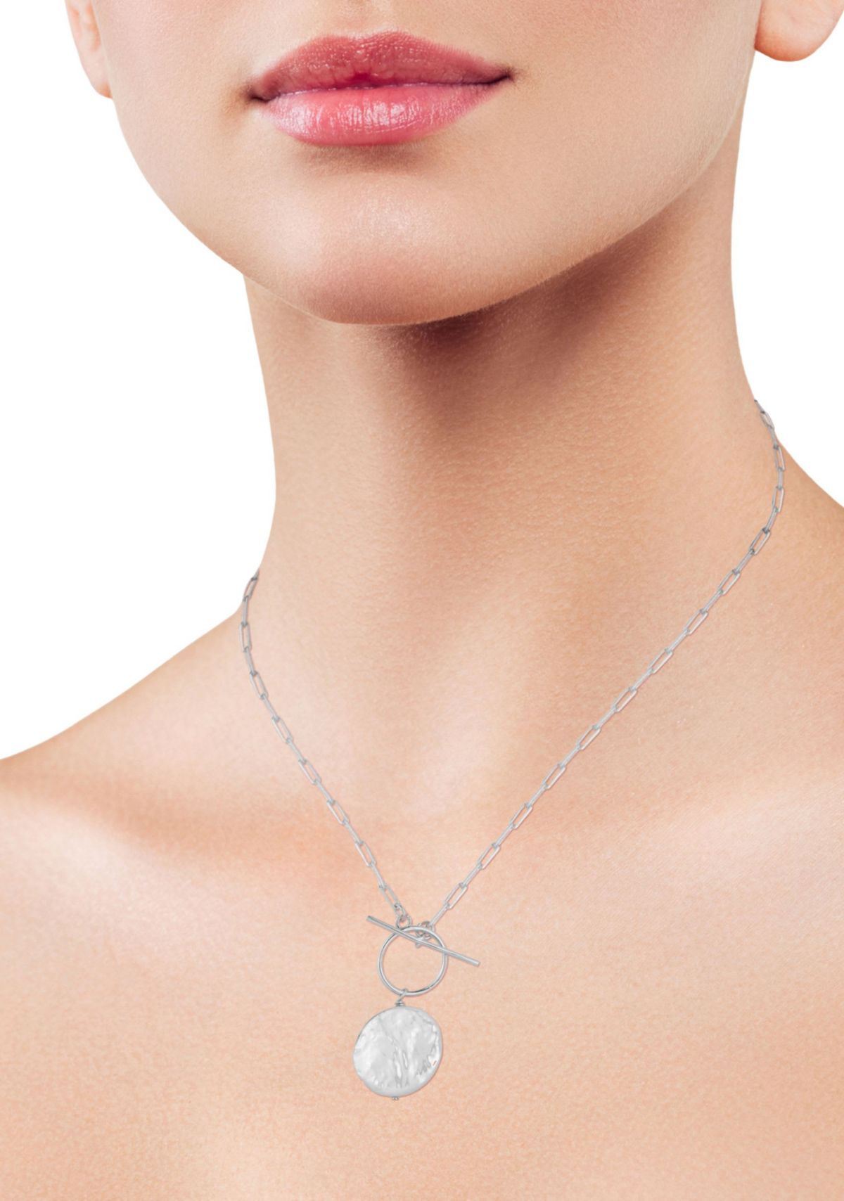 Sterling Silver Pearl Pendant Toggle Closure Necklace with Paperclip Chain