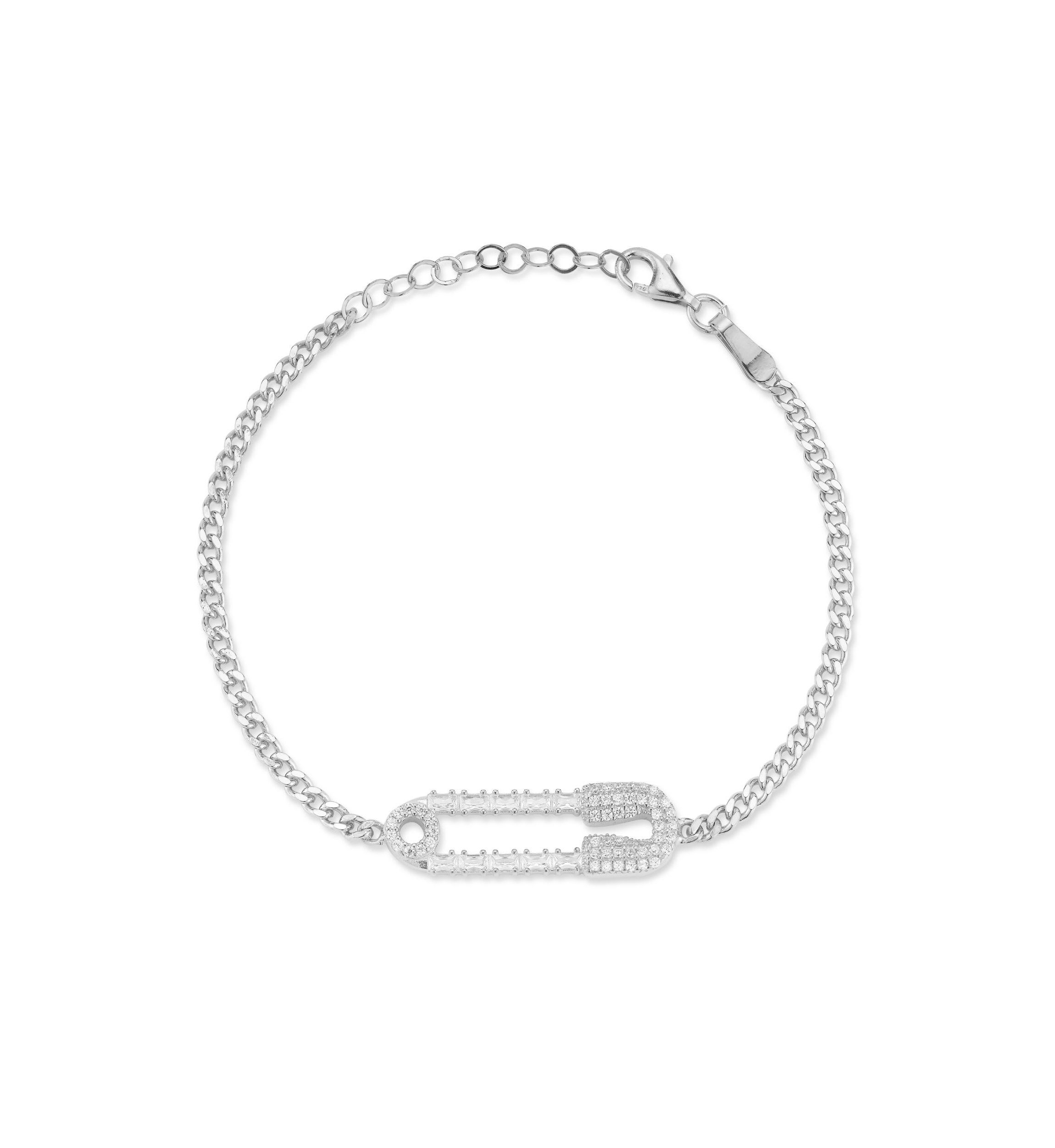 Sterling Silver Cubic Zirconia Pave Safety Pin Bracelet