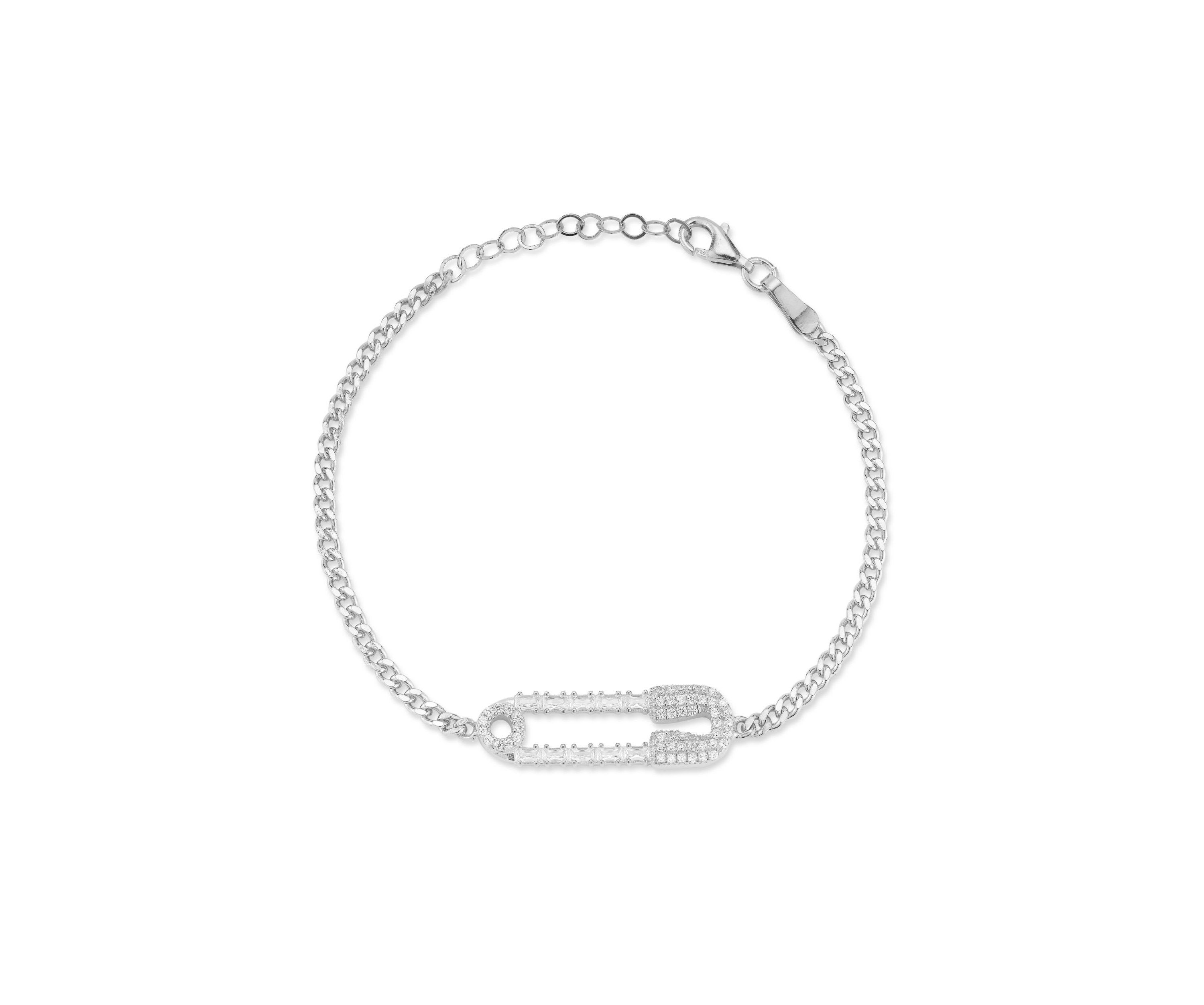 Sterling Silver Cubic Zirconia Pave Safety Pin Bracelet