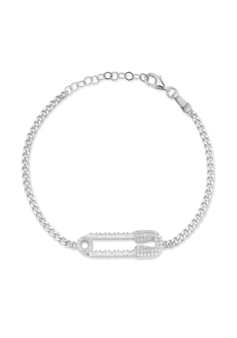 Sterling Silver Cubic Zirconia Pave Safety Pin Bracelet
