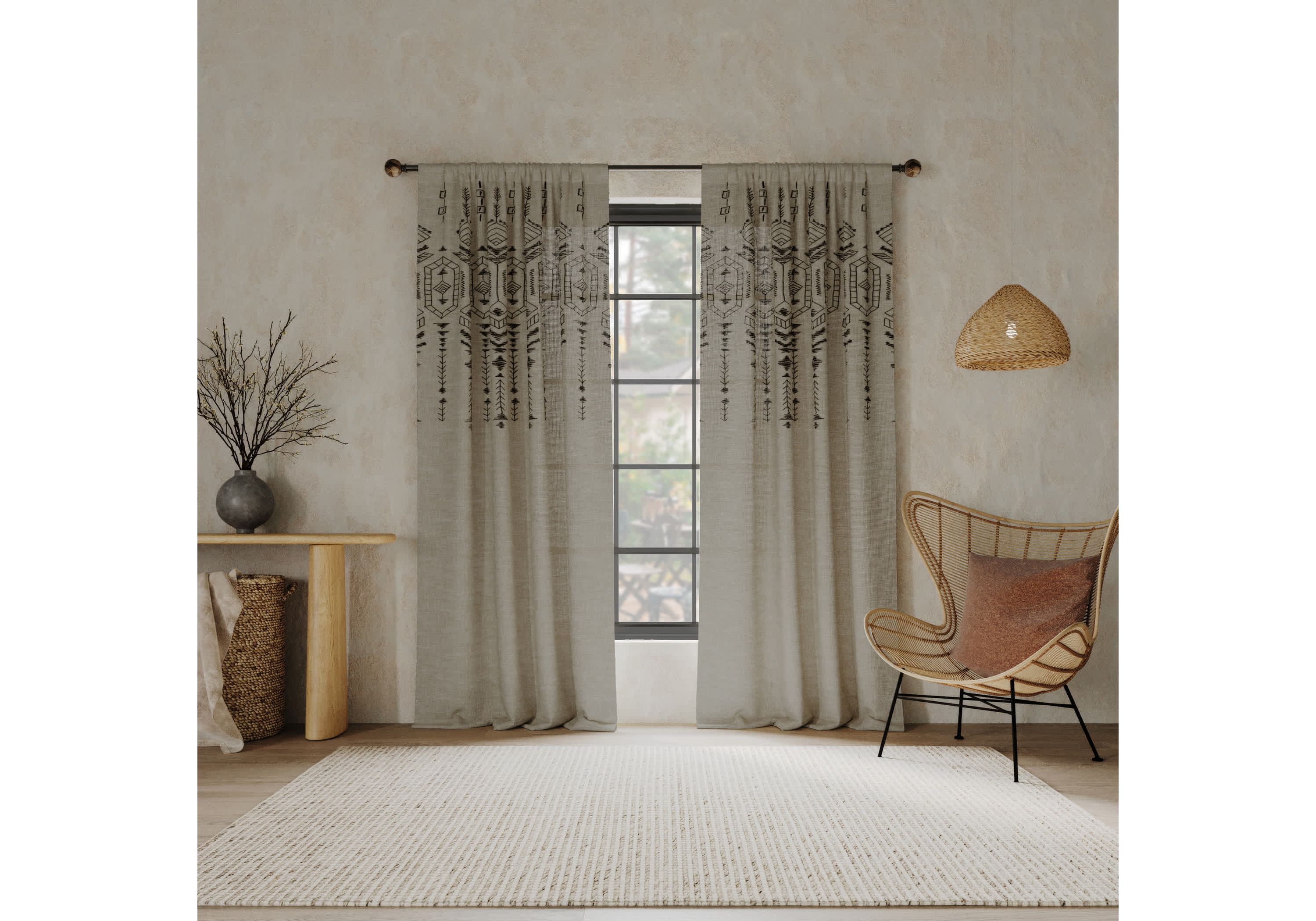 Palo Global Embroidery Semi-Sheer Rod Pocket Curtain Panel