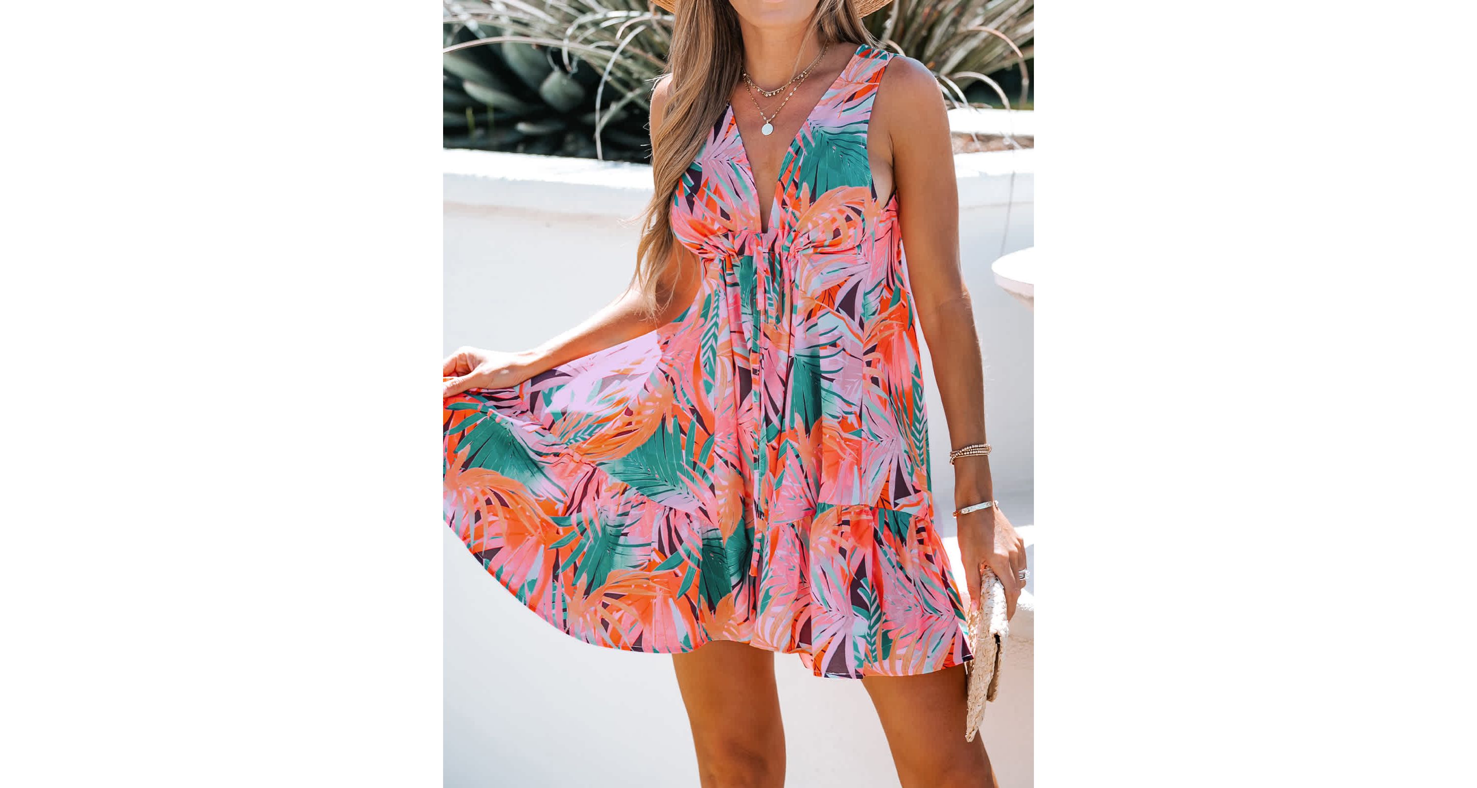Womens Tropical Floral Print Wrap Dress with Flared Skirt - Cupshe