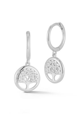 Sphera Milano Sterling Silver Cubic Zirconia Tree Charm Huggie Hoop Earrings