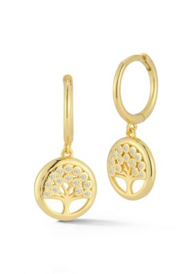 Sphera Milano Sterling Silver Cubic Zirconia Tree Charm Huggie Hoop Earrings, Gold