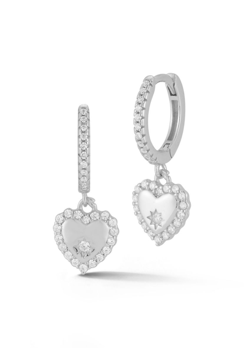 Sterling Silver Cubic Zirconia Heart Charm Huggie Hoop Earrings