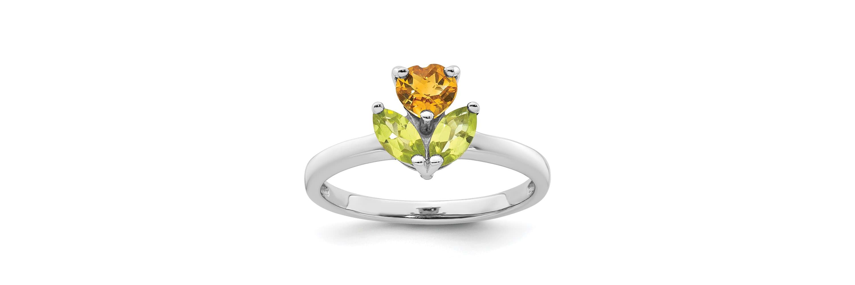 1/2 ct. t.w. Peridot and 1/3 ct. t.w. Citrine Polished Flower Ring in Rhodium-plated Sterling Silver