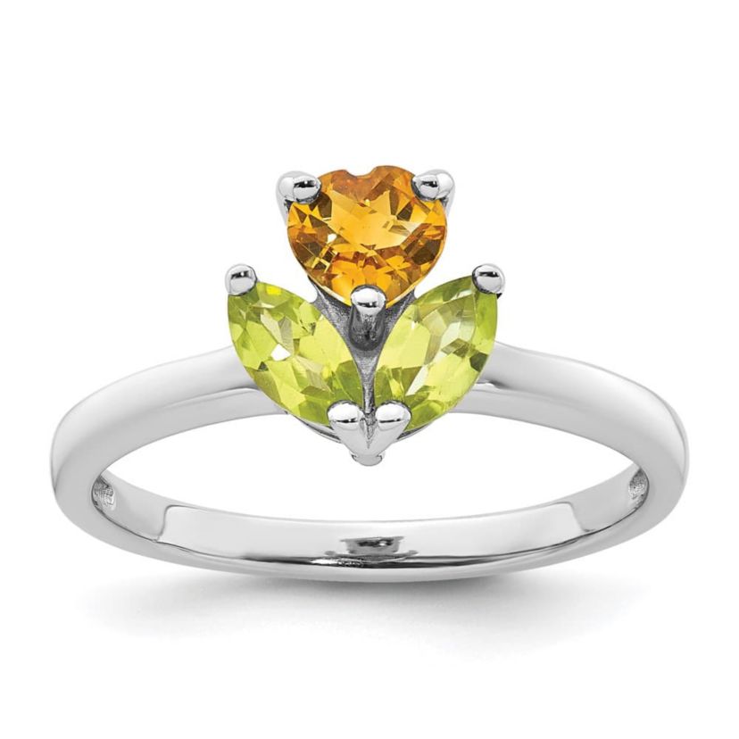 1/2 ct. t.w. Peridot and 1/3 ct. t.w. Citrine Polished Flower Ring in Rhodium-plated Sterling Silver