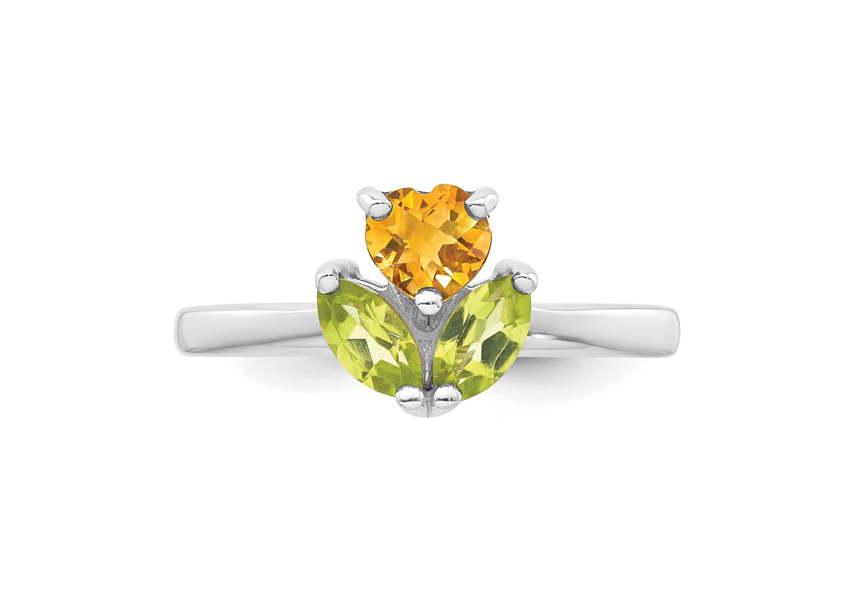 1/2 ct. t.w. Peridot and 1/3 ct. t.w. Citrine Polished Flower Ring in Rhodium-plated Sterling Silver