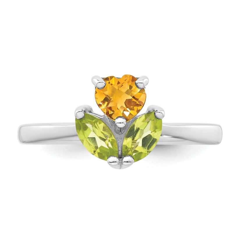 1/2 ct. t.w. Peridot and 1/3 ct. t.w. Citrine Polished Flower Ring in Rhodium-plated Sterling Silver