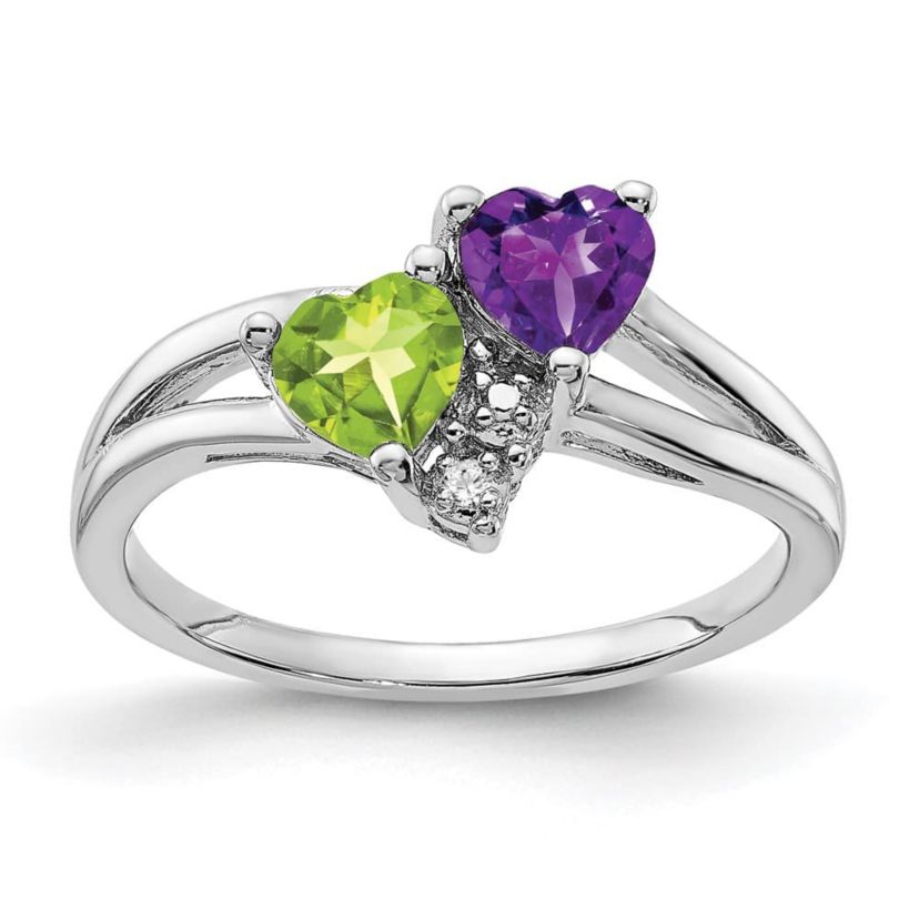 1/10 ct. t.w. Amethyst, 5/8 ct. t.w. Peridot and 0.01 ct. t.w. Diamond Ring in Rhodium-plated Sterling Silver