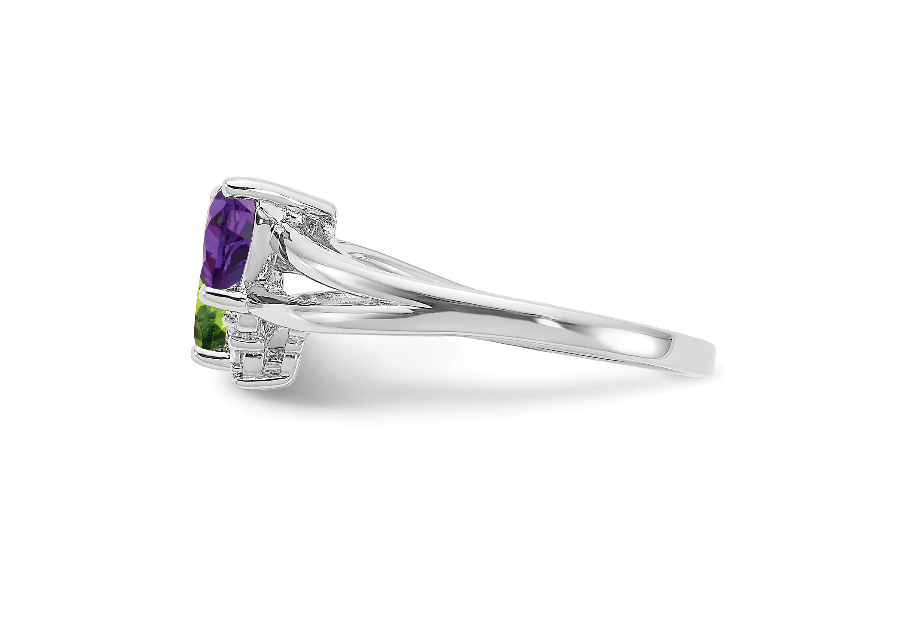 1/10 ct. t.w. Amethyst, 5/8 ct. t.w. Peridot and 0.01 ct. t.w. Diamond Ring in Rhodium-plated Sterling Silver