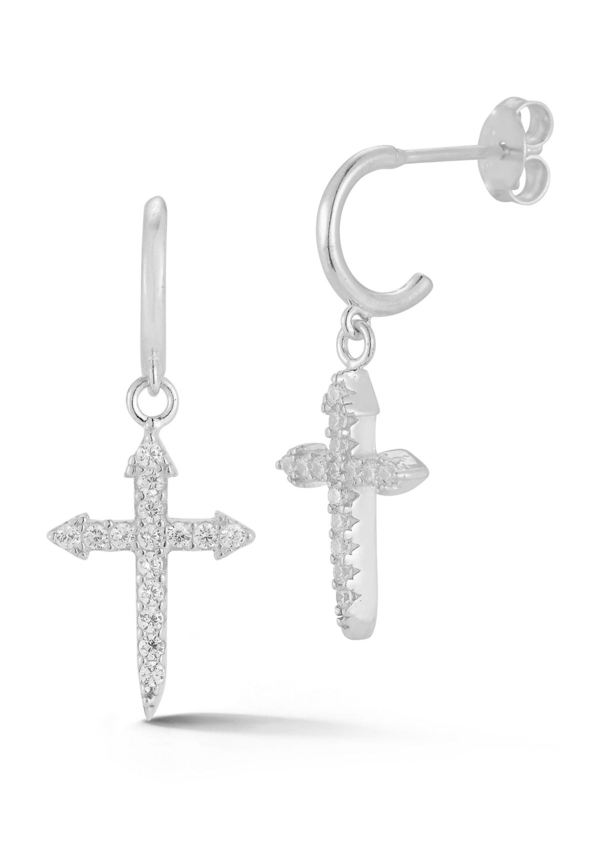 Sterling Silver Cubic Zirconia Pointy Cross Charm Hoop Earrings
