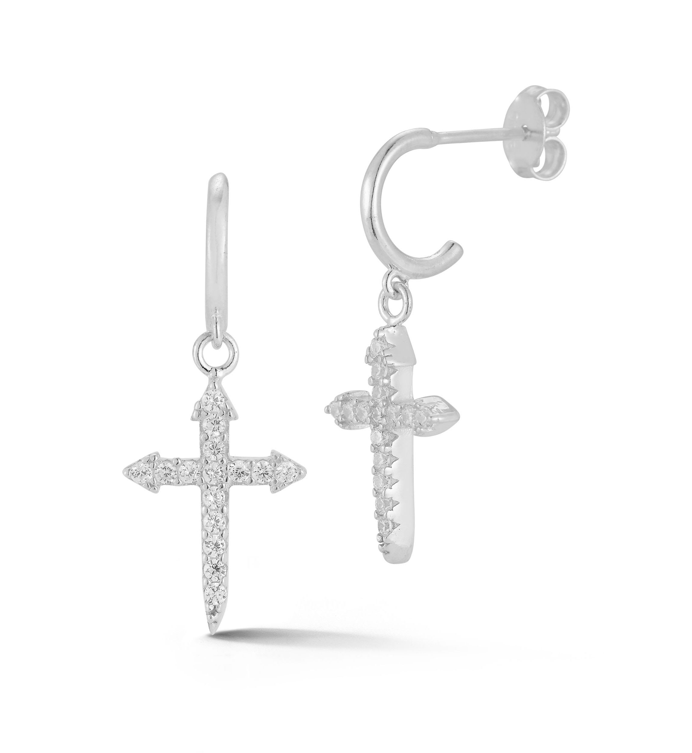 Sterling Silver Cubic Zirconia Pointy Cross Charm Hoop Earrings